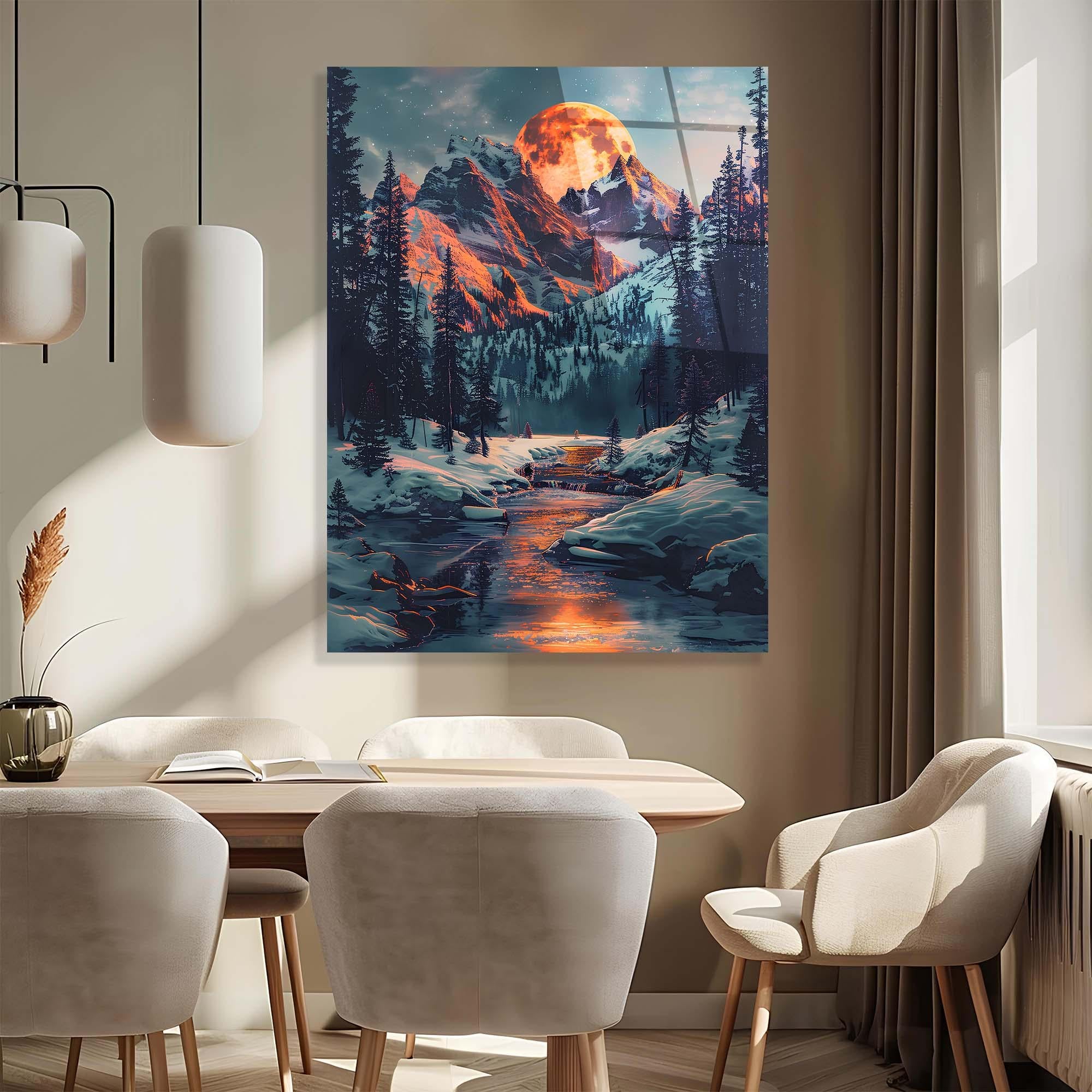 Moonlit Mountain Tempered Glass Wall Art | Winter Landscape Decor