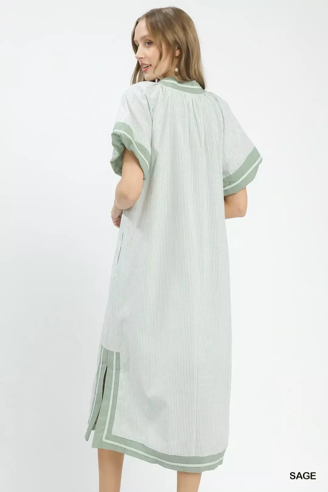 Umgee Pinstripe Contrast Trim Midi Dress
