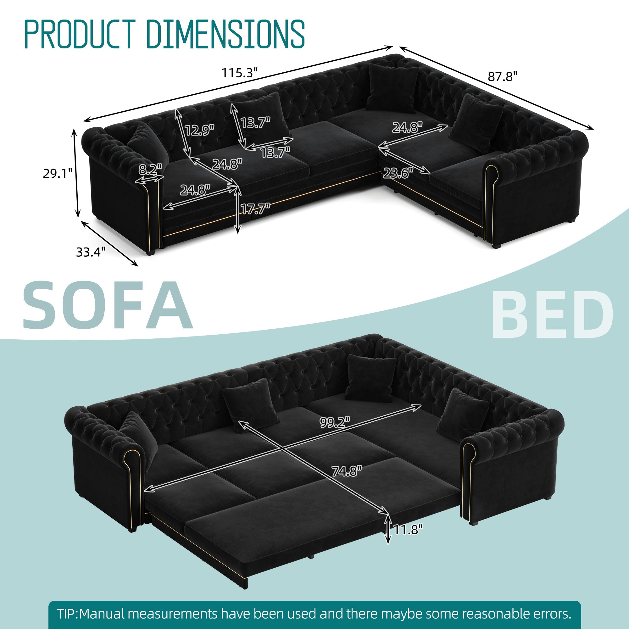 115.3" L-Shaped Sofa Couch with Pull-Out Bed