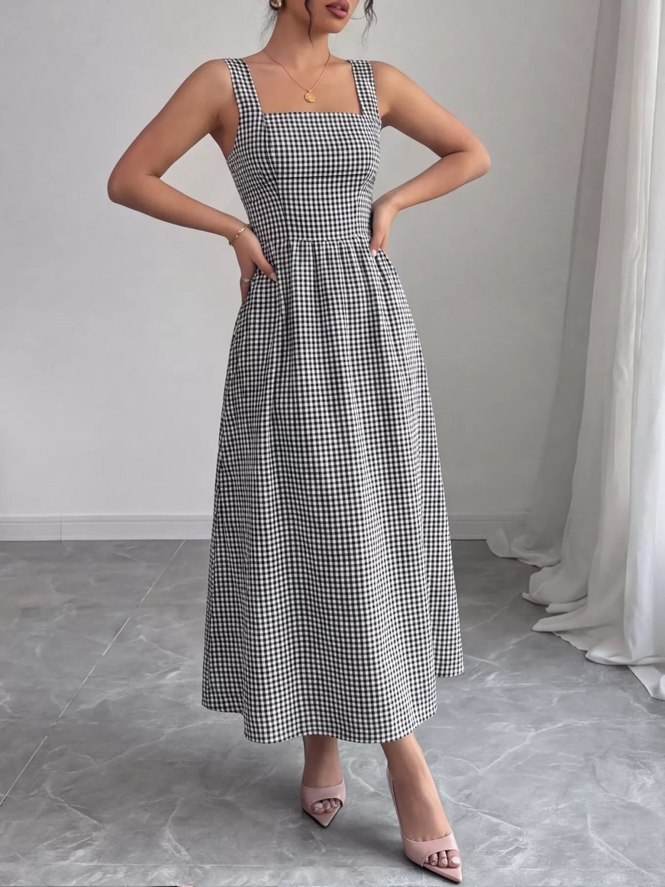 Square Neck Gingham Midi Dress