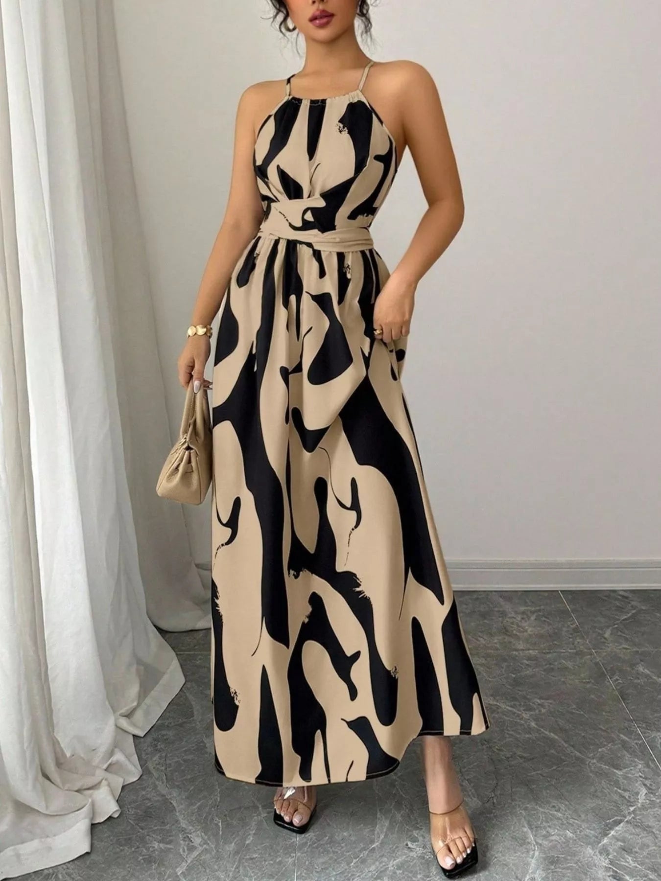 Abstract Print Halter Neck Maxi Dress