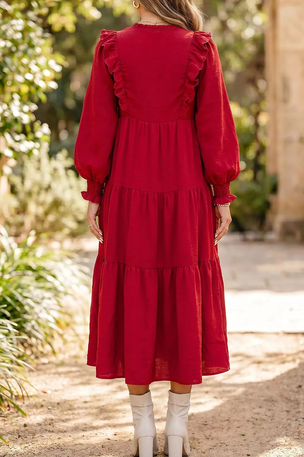 Solid Color Ruffle Trim Long Sleeve Tiered Shift Midi Dress