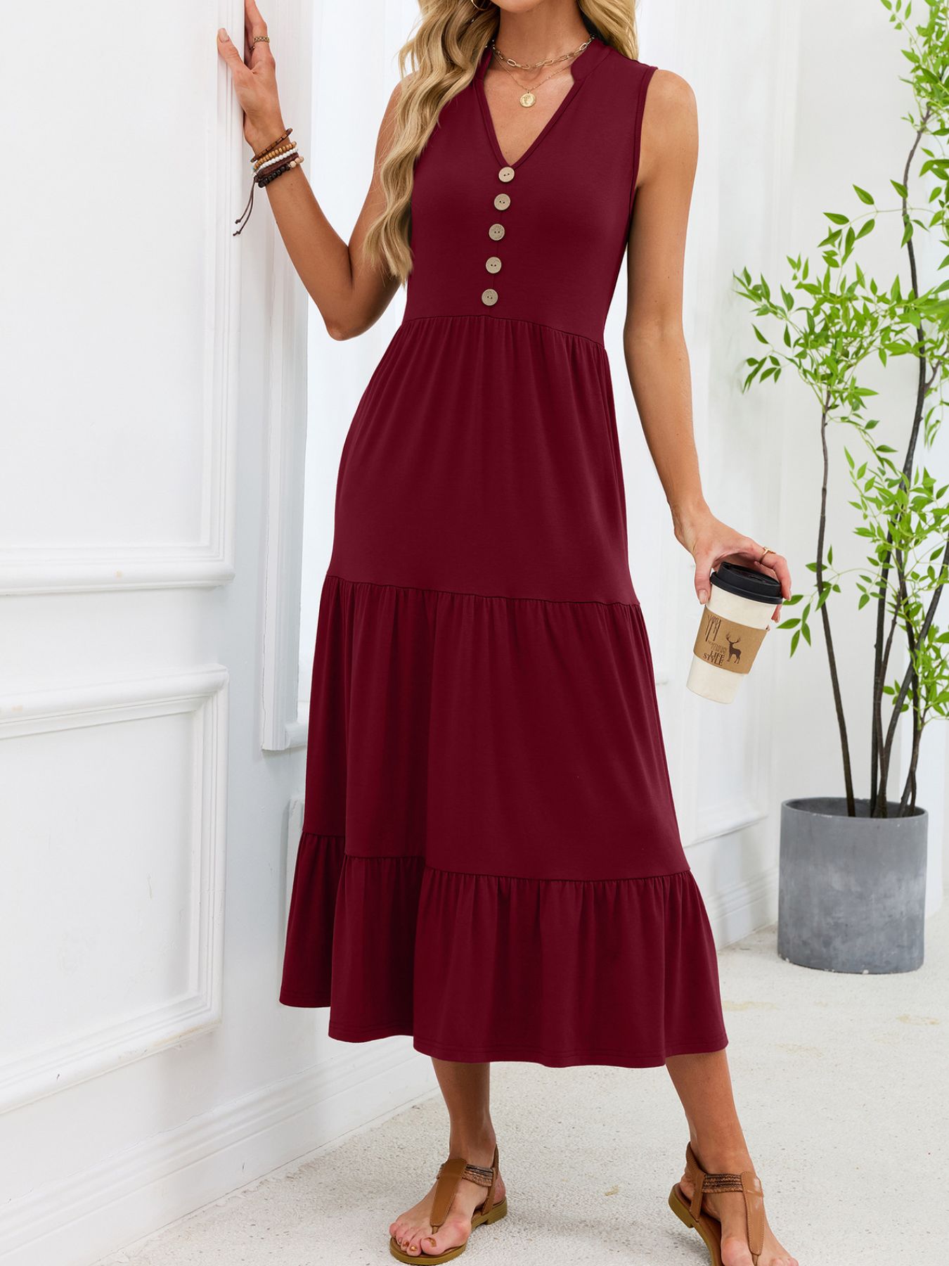 Sleeveless Notched Tiered Midi Dress
