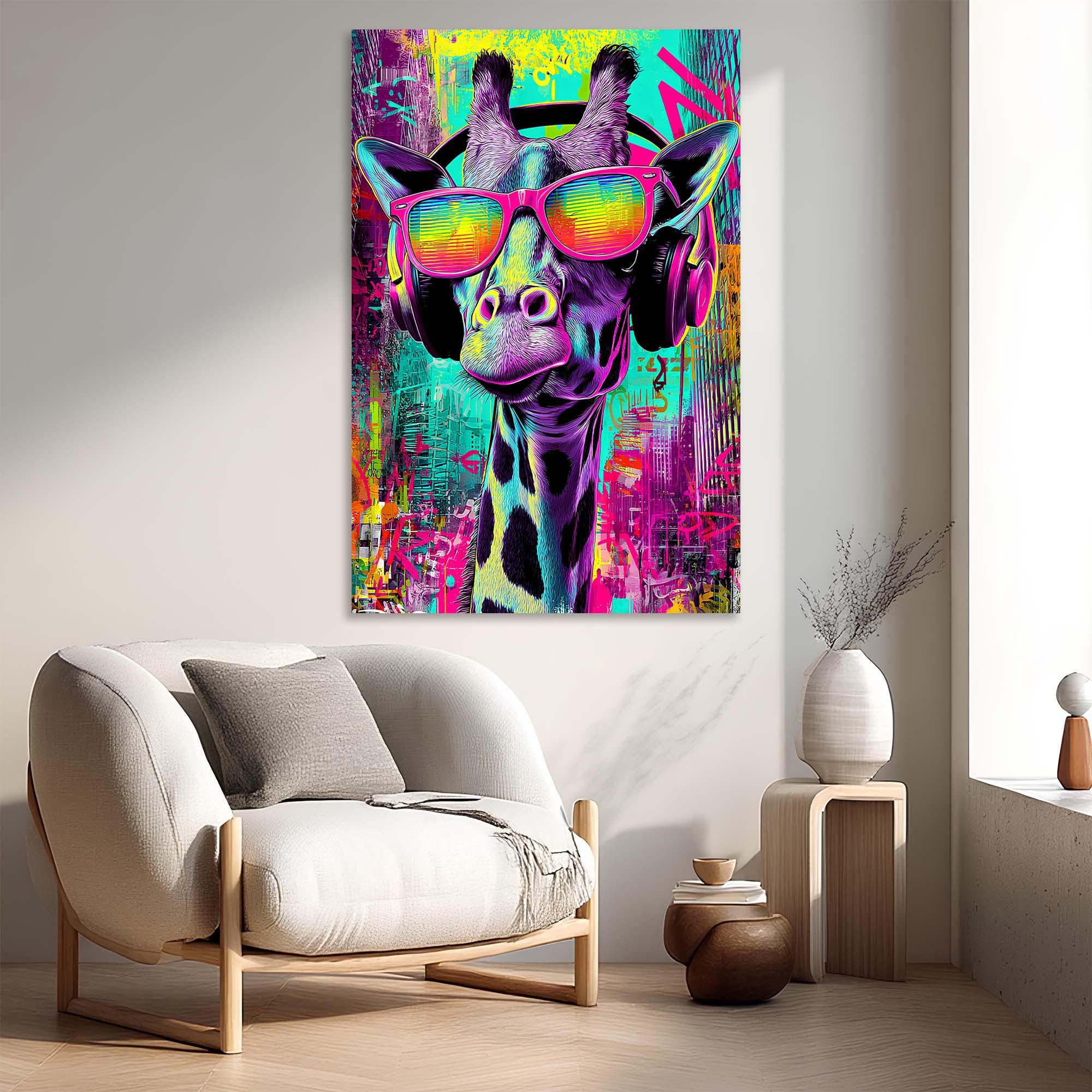 Urban Giraffe with Headphones Tempered Glass Wall Art | Colorful Graffiti Pop Wall Art | Modern Wall Decor
