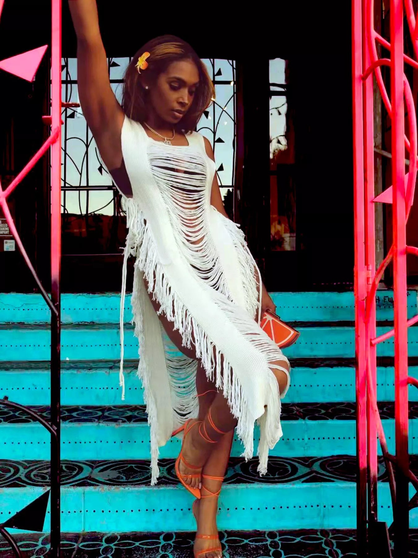 Fringe Split Square Neck Midi Dress