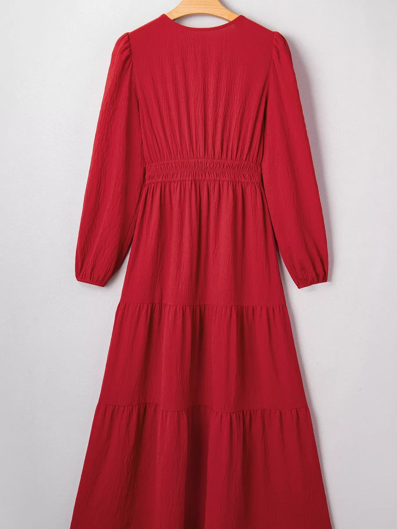 Contrast Embroidered Detail Cinched Waist Tiered Long Sleeve Maxi Dress