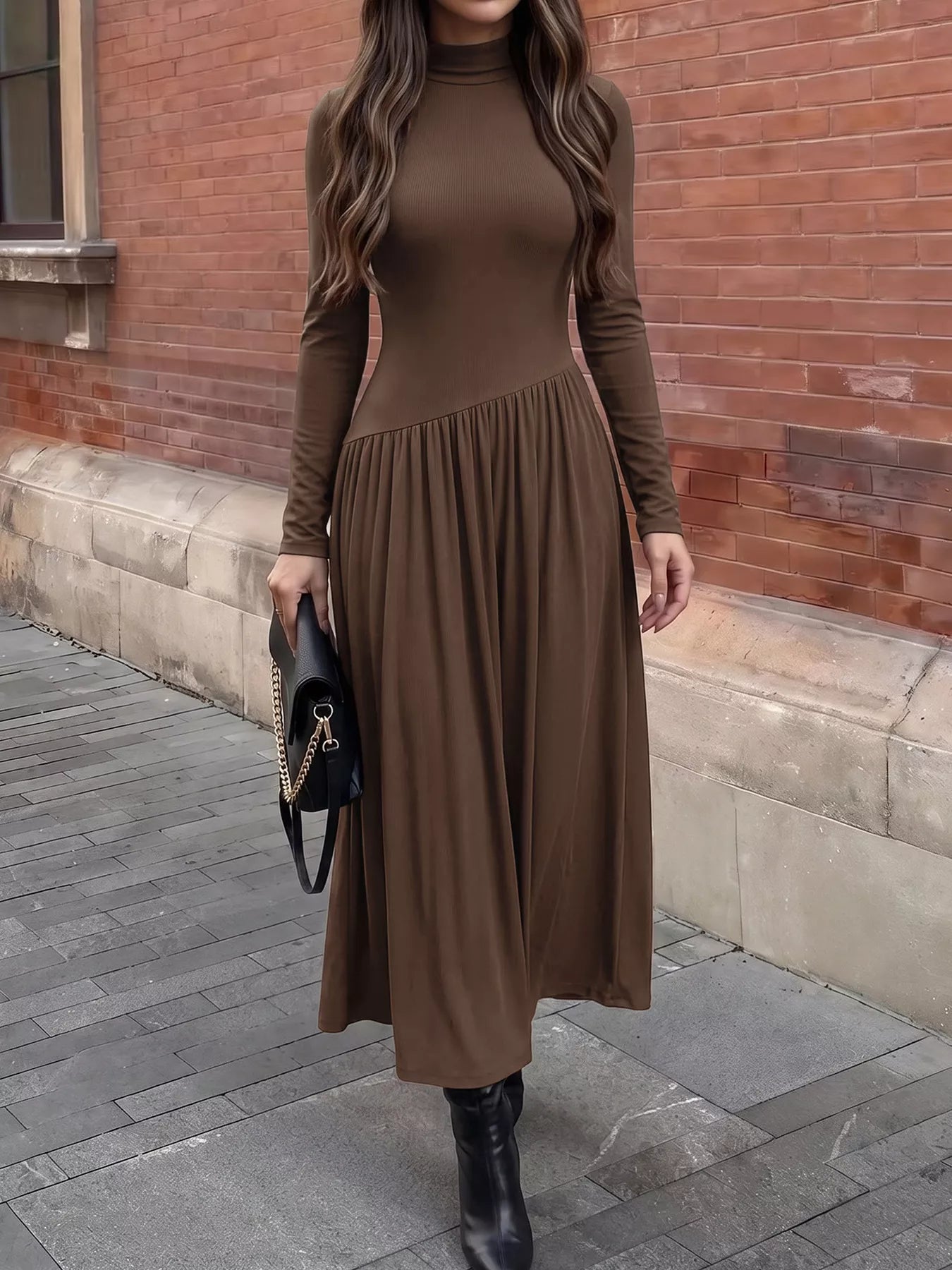 Mock Neck Long Sleeve Midi Dress