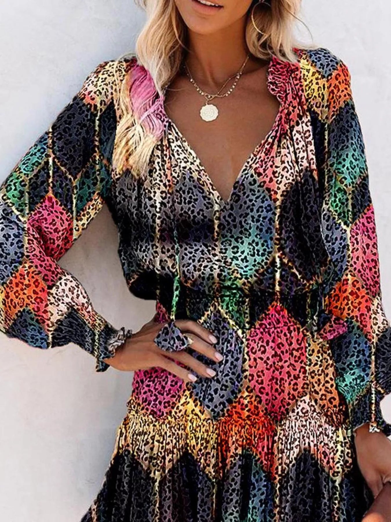 Tie Neck Lantern Sleeve Dress