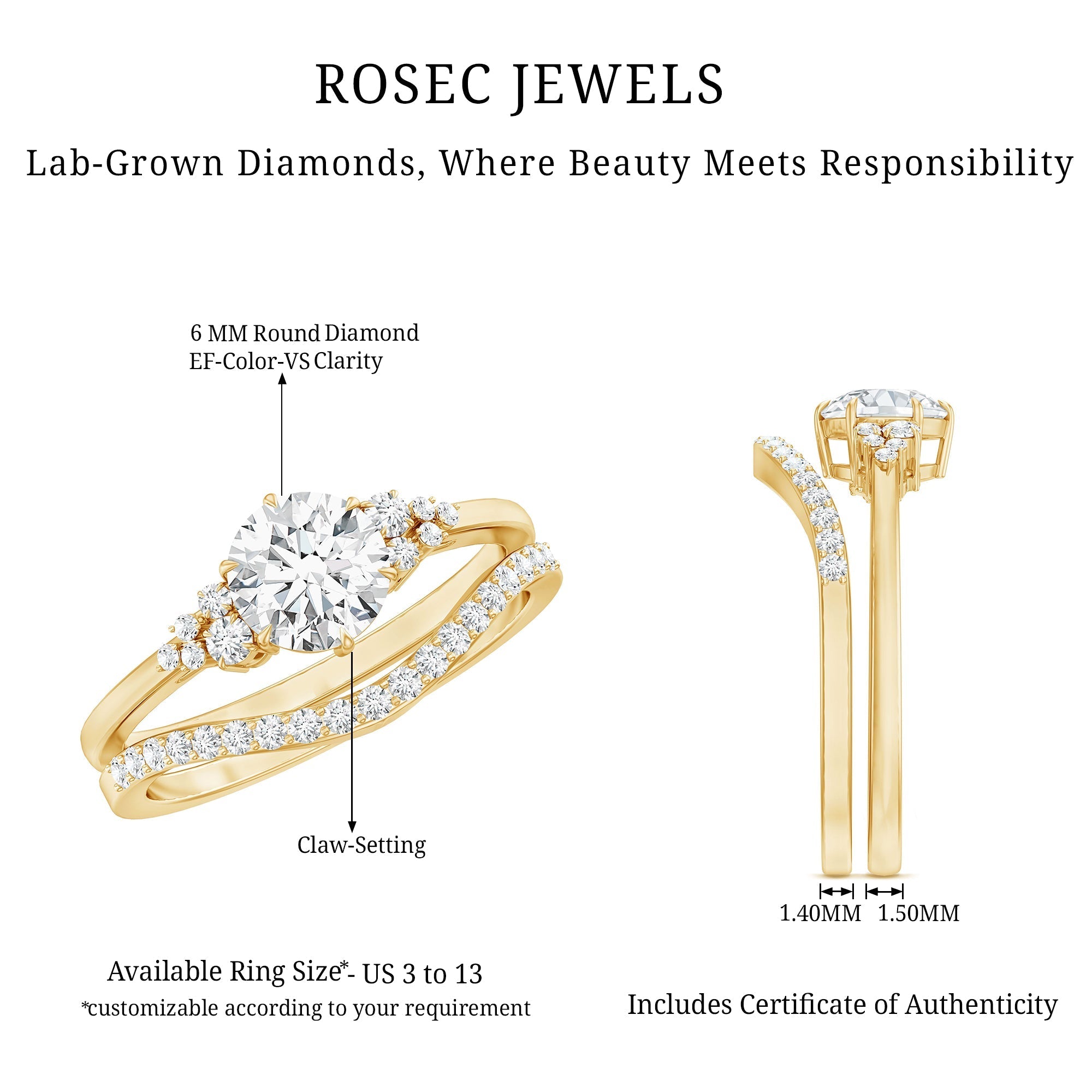 Certified Diamond Bridal Ring Set with Curved Band - Overture Gifts