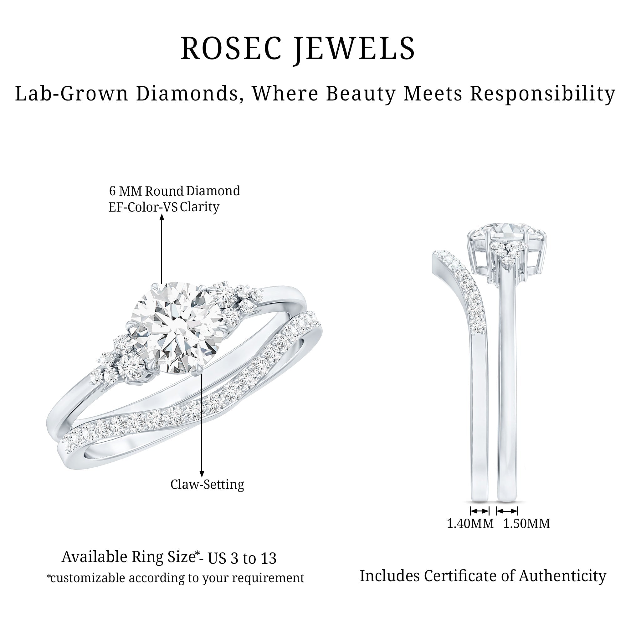Certified Diamond Bridal Ring Set with Curved Band - Overture Gifts