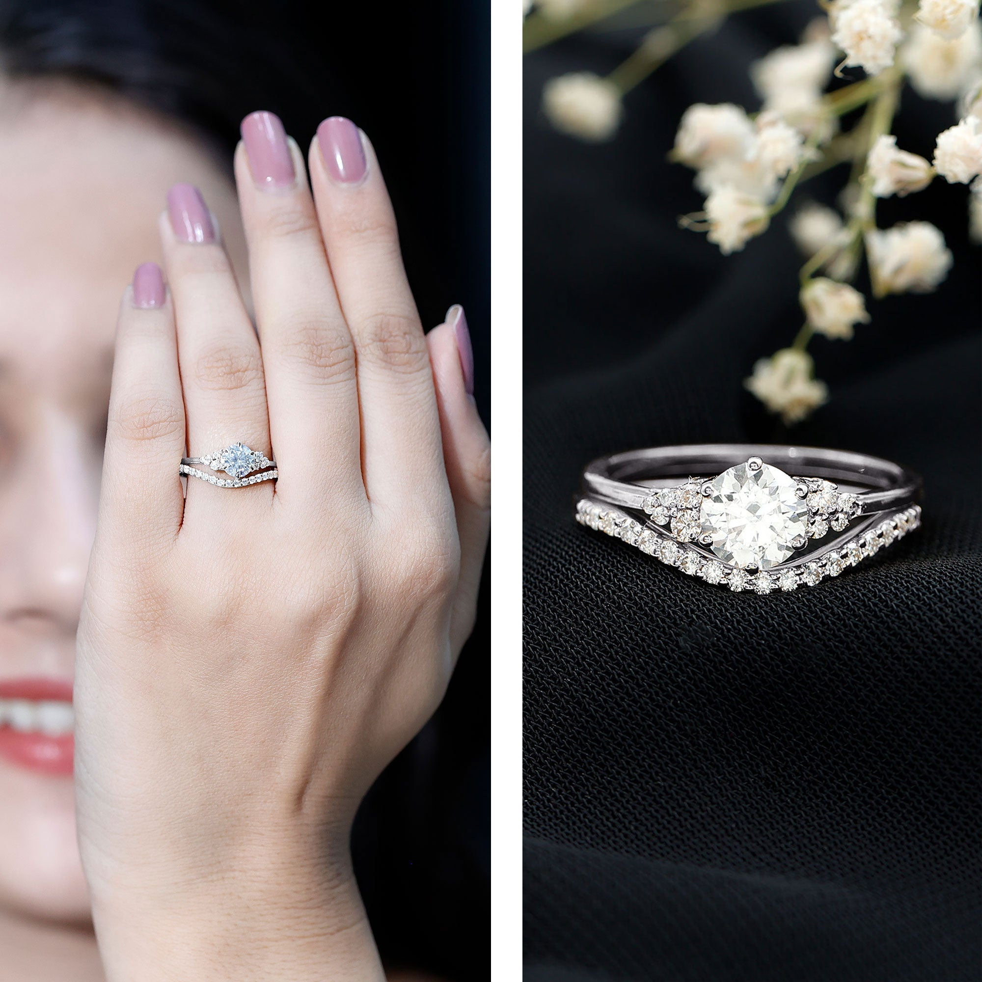 Certified Diamond Bridal Ring Set with Curved Band - Overture Gifts