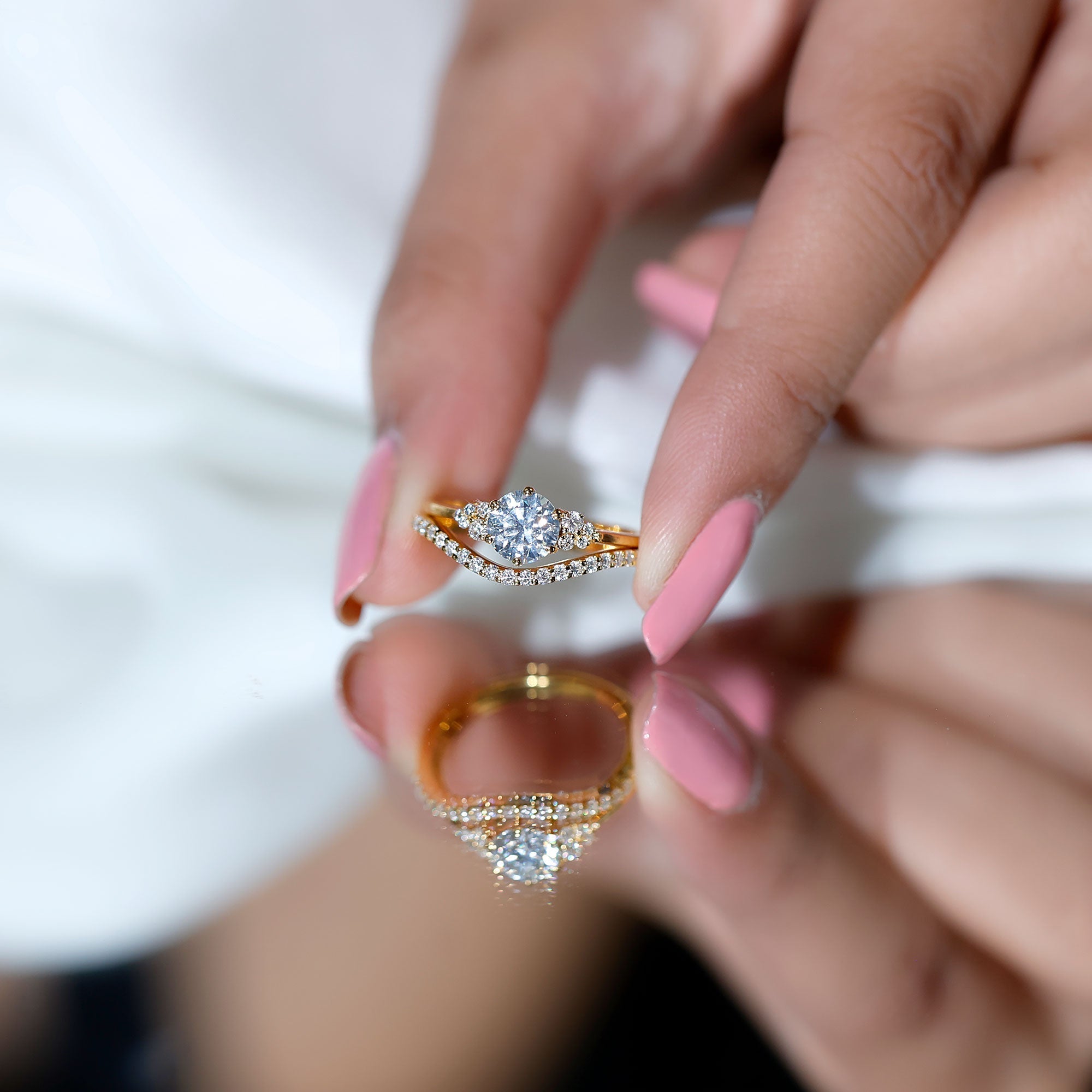 Certified Diamond Bridal Ring Set with Curved Band - Overture Gifts