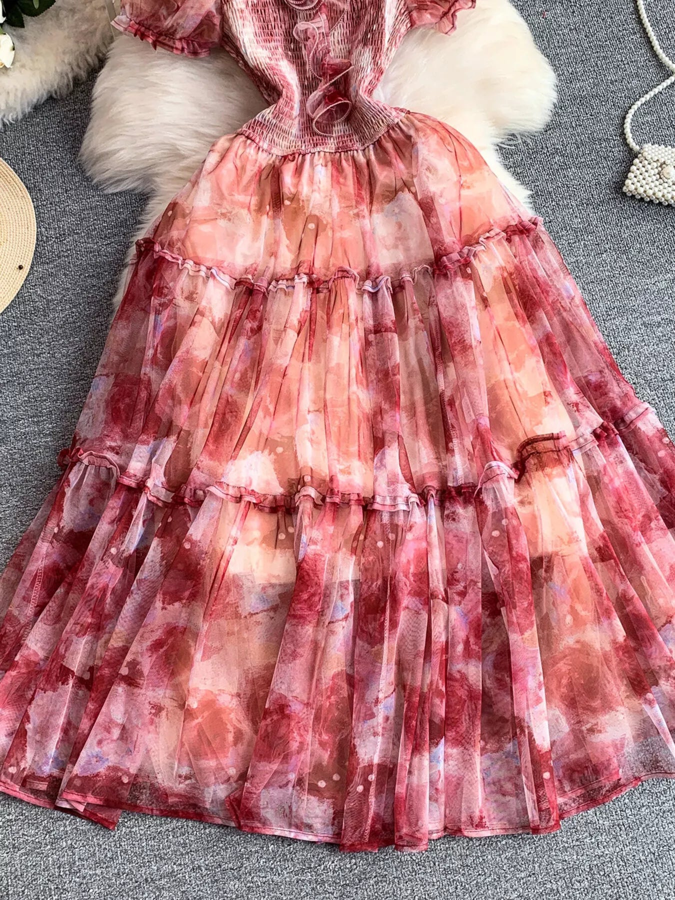 Smocked Floral Tiered Mesh Midi Dress