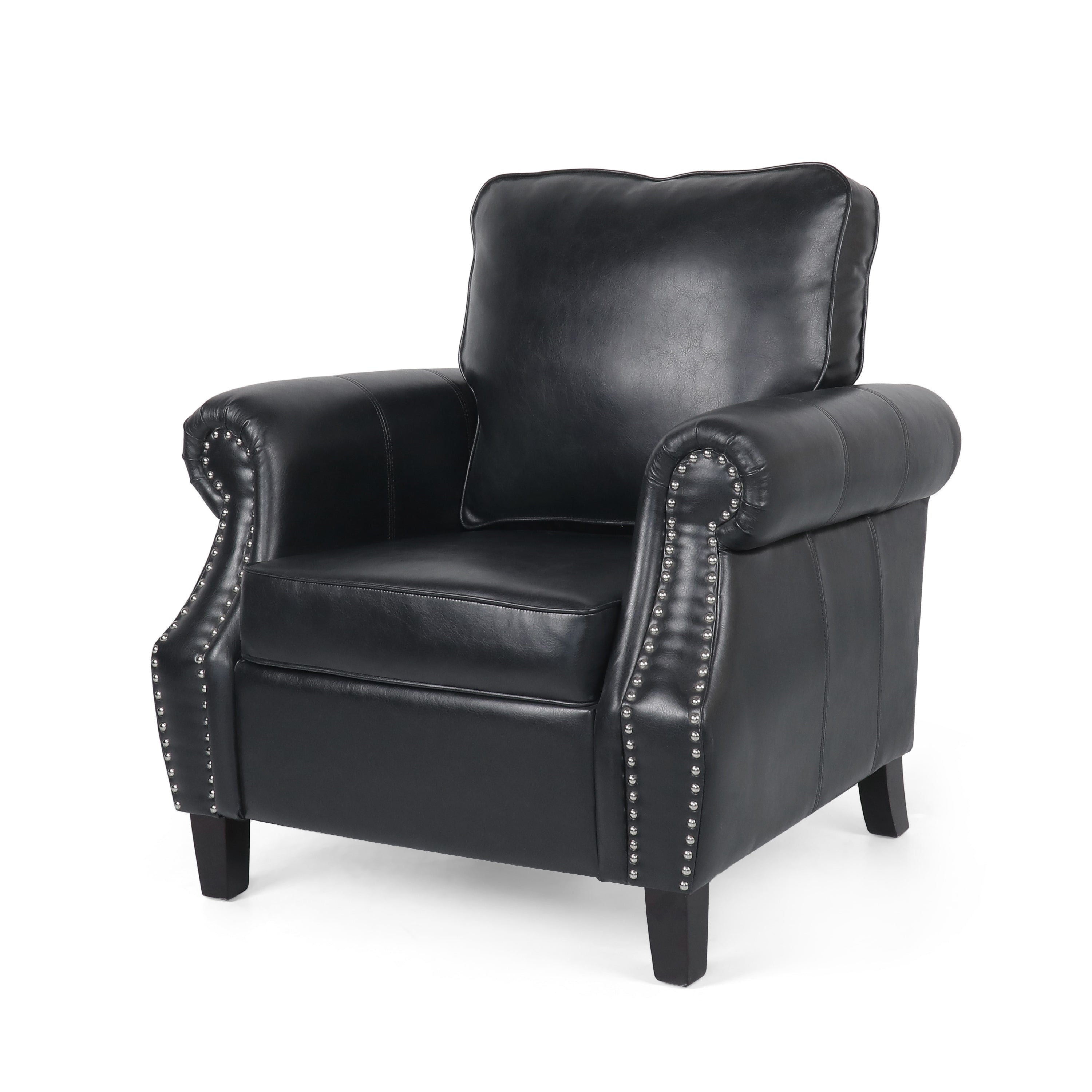 Club Chair Contemporary PU Leather Black Rolled Arms Nailhead Trim 37 In