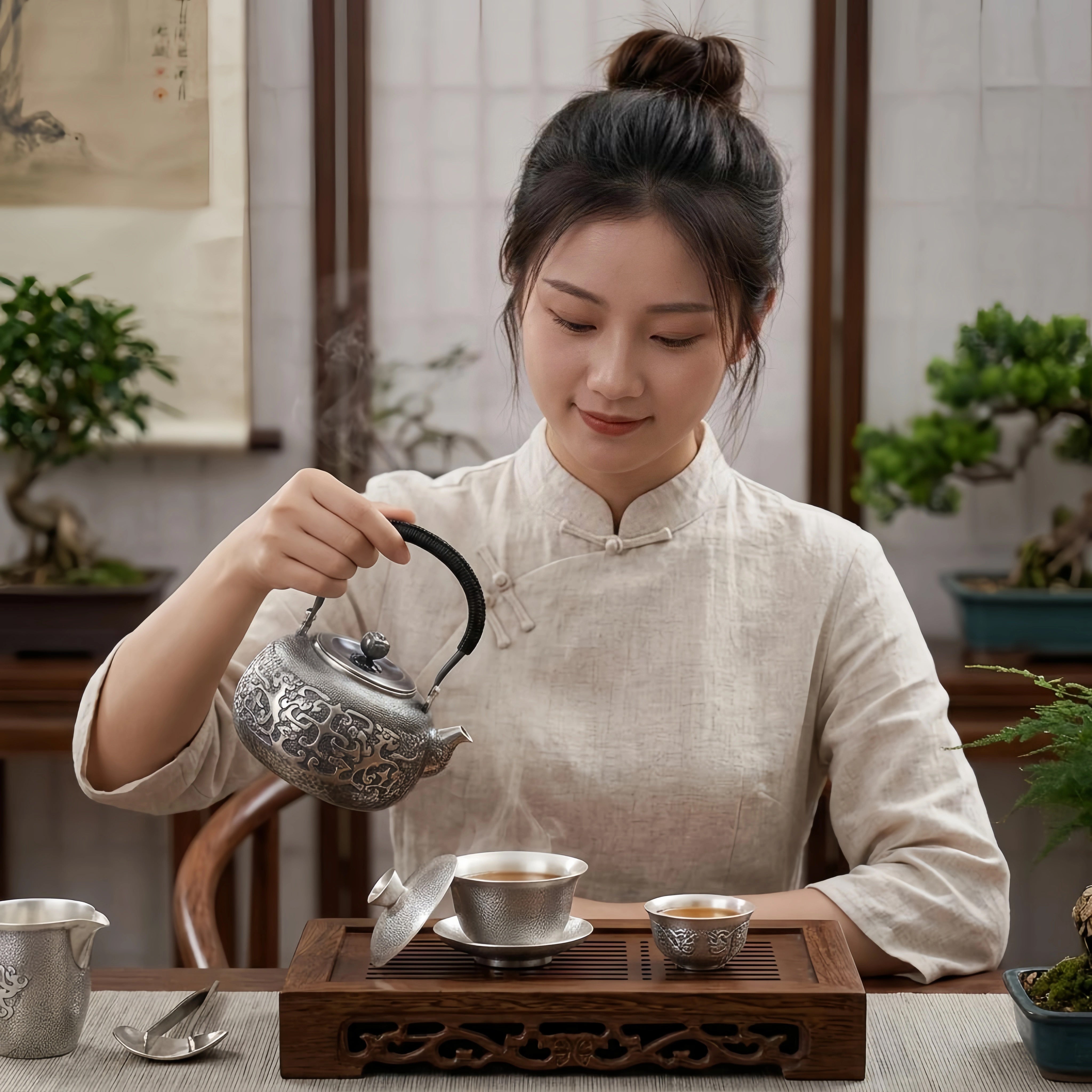 Pure 999 Fine Silver Elegant Teapot with Intricate Cloud Patterns and Coiled Black Handle-Fine large teapot - Handicraft