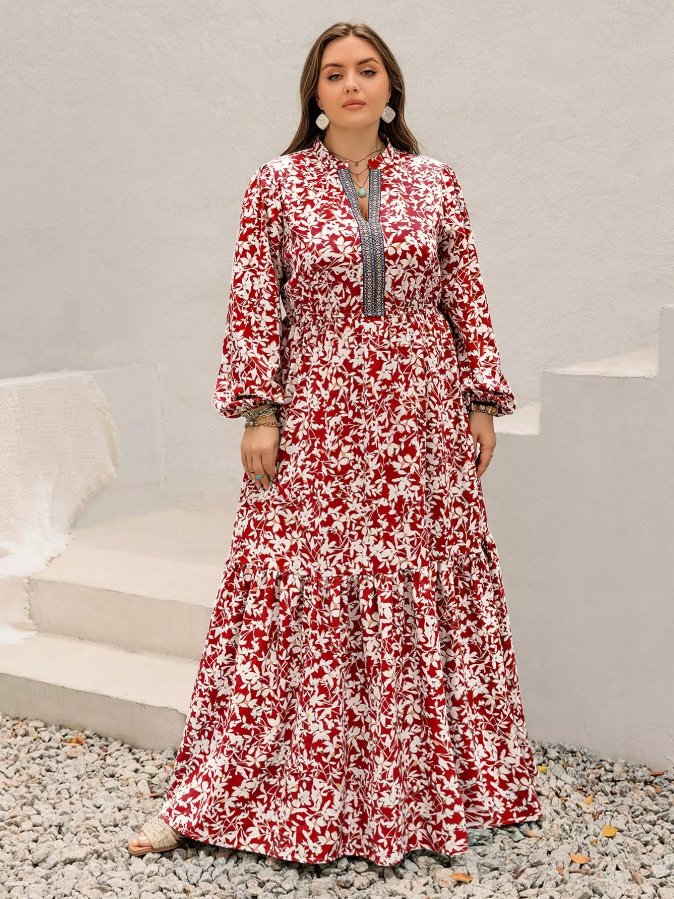 Plus Size Floral Print Long Sleeve Maxi Dress