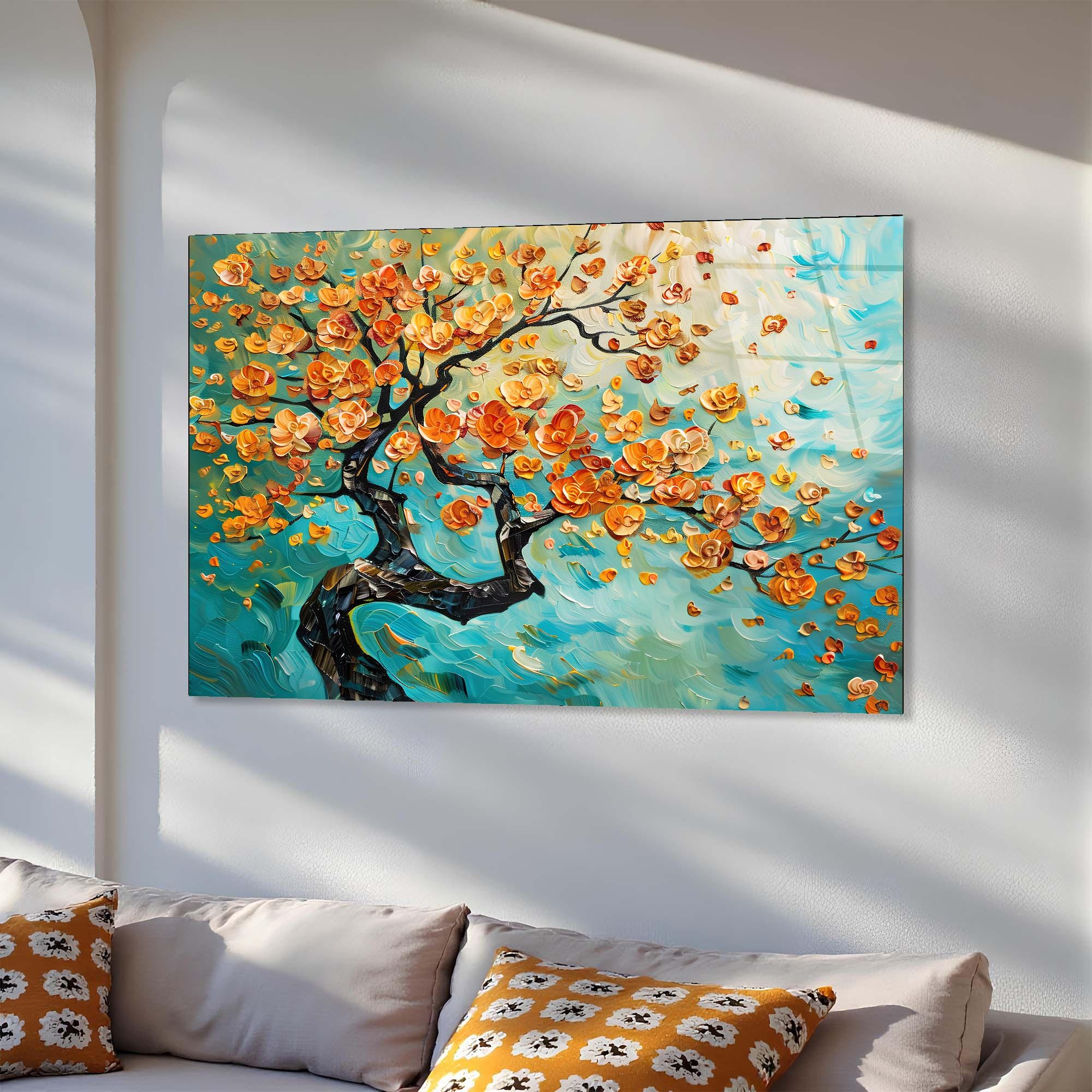 Golden Blossom Tree Glass Wall Art | Modern Nature Decor