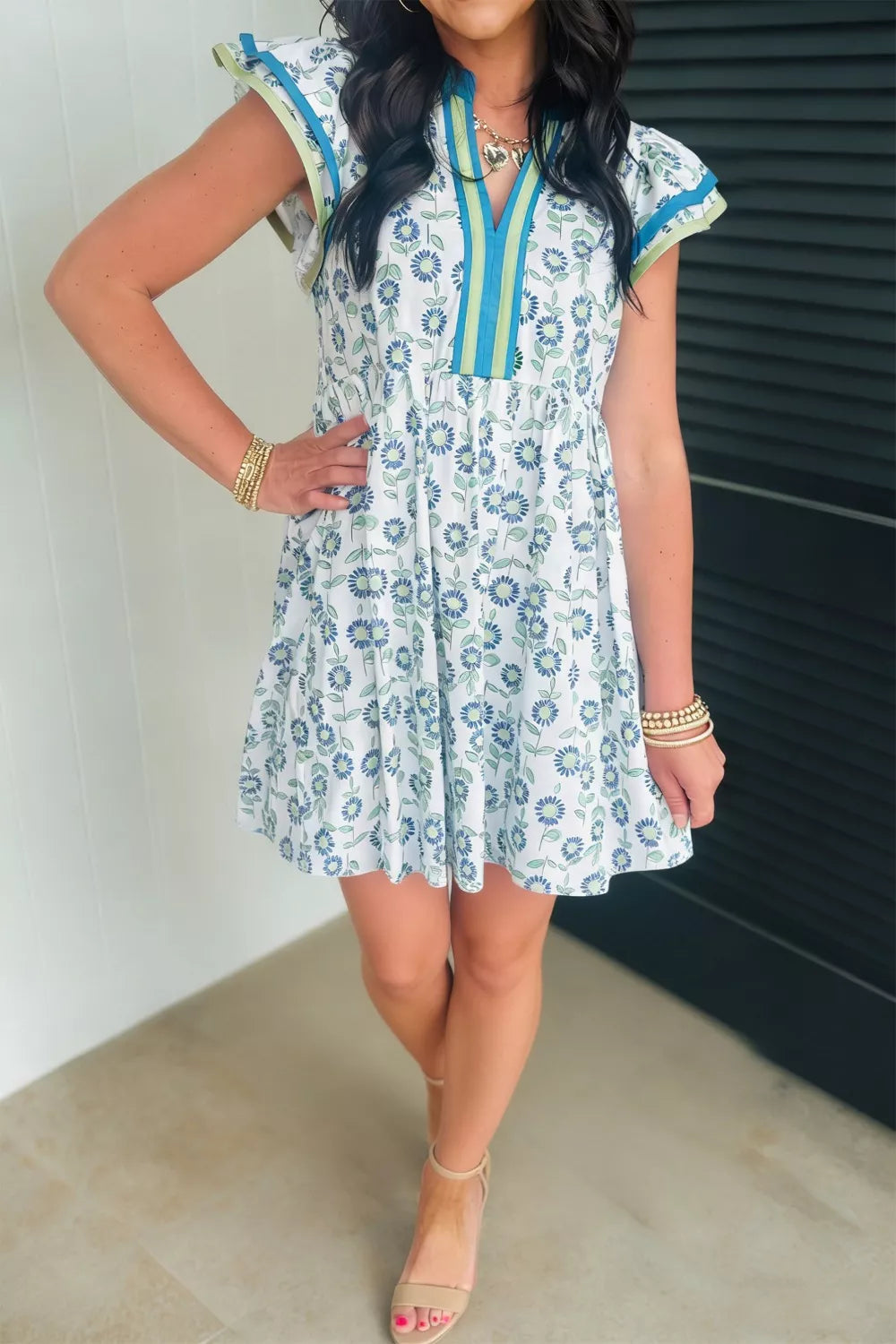 Printed Notched Cap Sleeve Dress