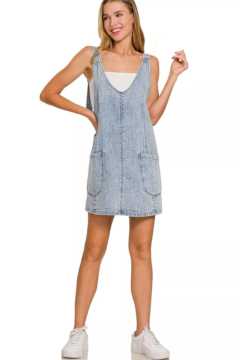 Zenana Denim Overall Dress with Front Pockets