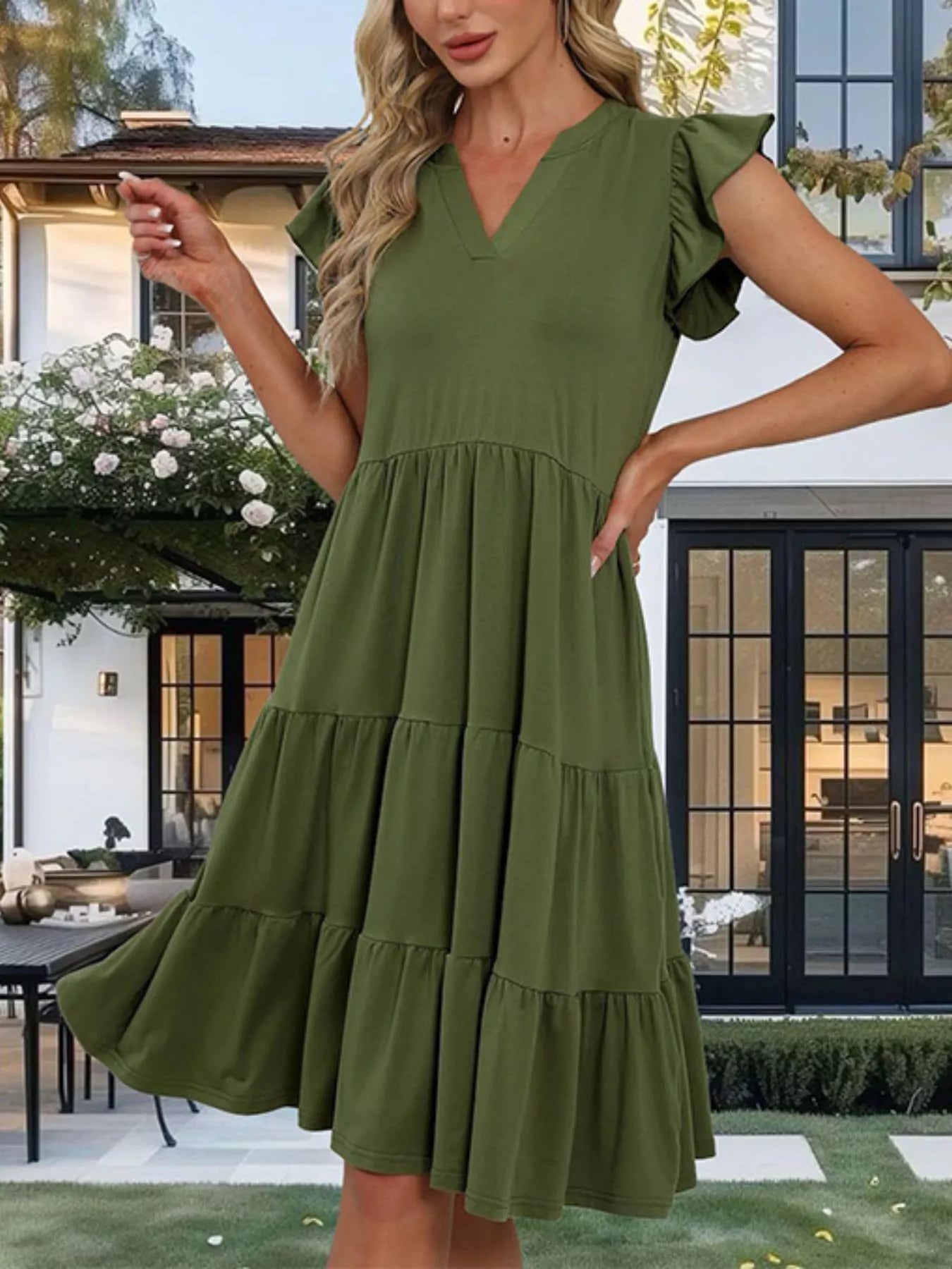 Ruffle Sleeve Tiered Midi Dress