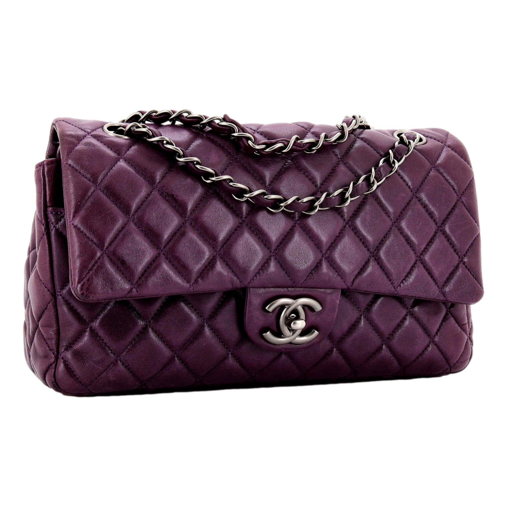 Chanel Classic Flap Purple Lambskin Leather Shoulder Bag