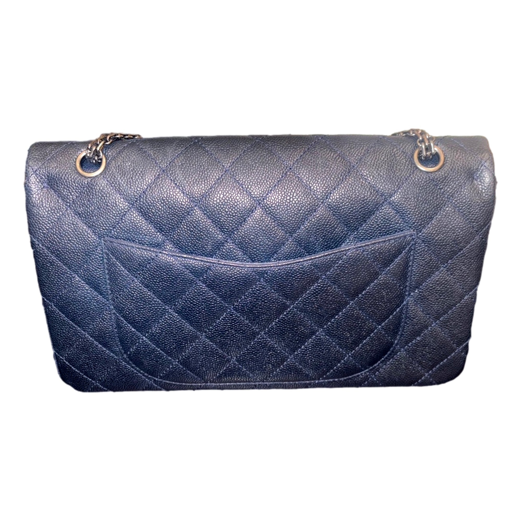 Chanel Reissue 2.55 226 Navy Caviar Leather Quilted Flap Bag Silver Chain