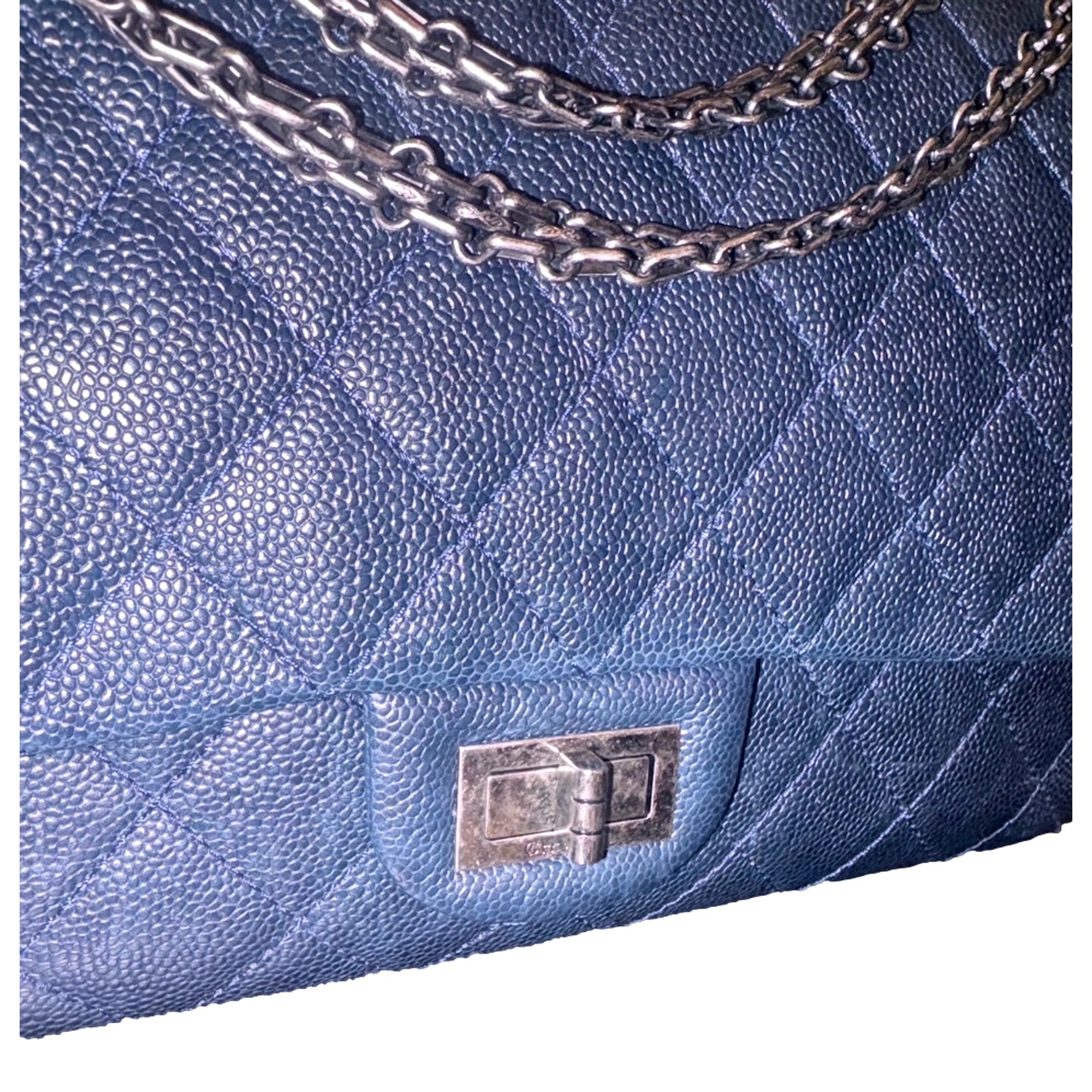 Chanel Reissue 2.55 226 Navy Caviar Leather Quilted Flap Bag Silver Chain