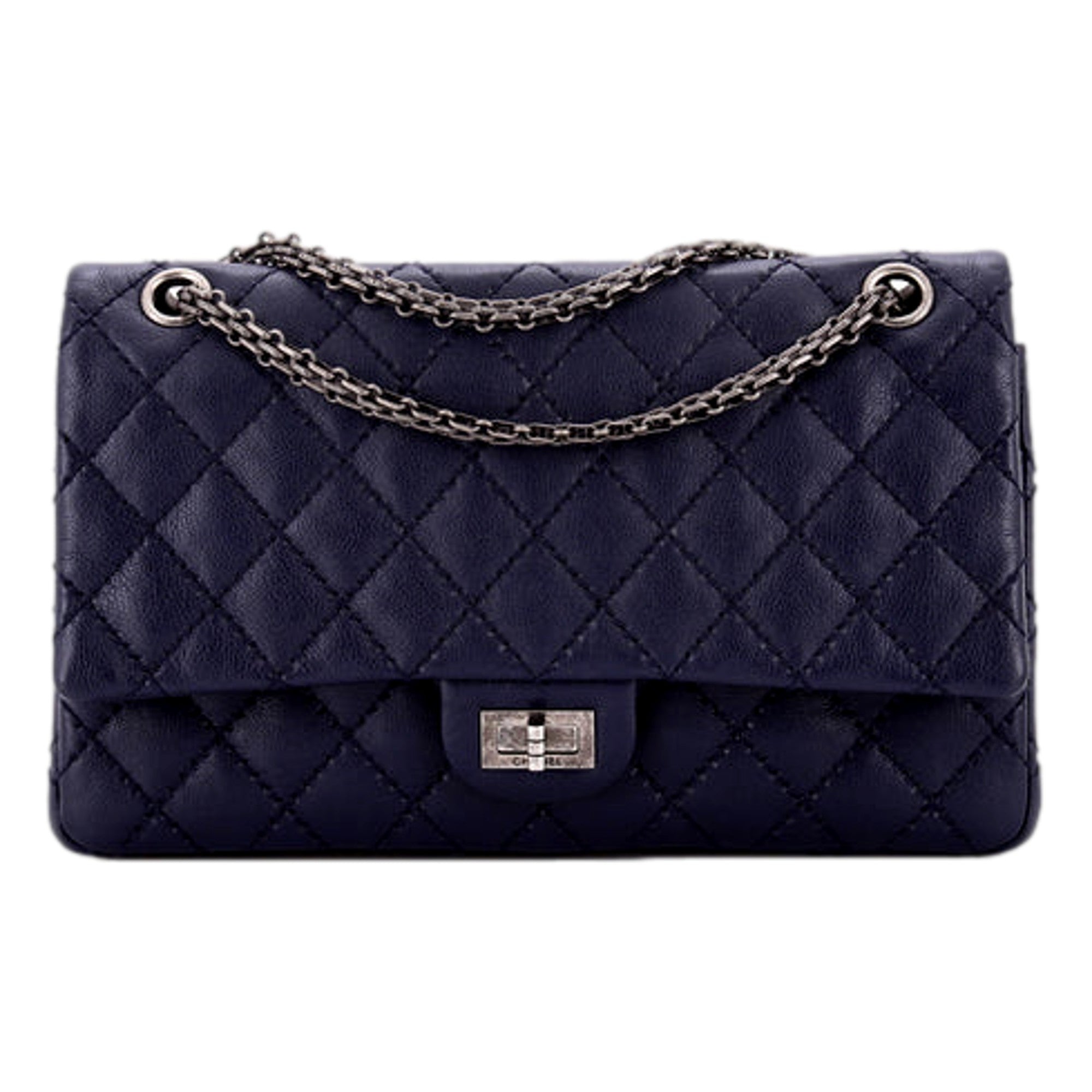 Chanel Reissue 2.55 226 Navy Caviar Leather Quilted Flap Bag Silver Chain