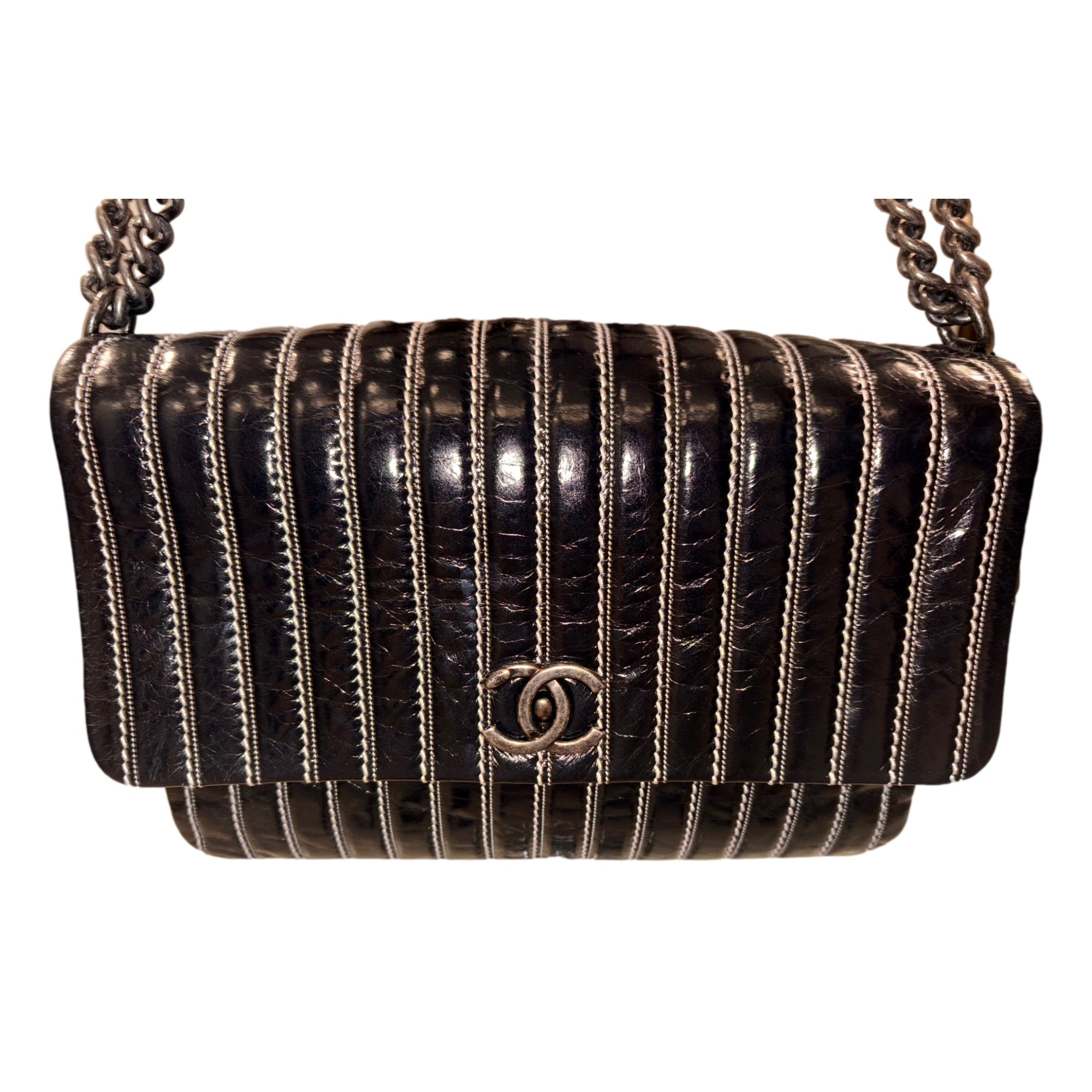 Chanel Black Vertical Stitch Flap Bag CC Logo Silver Chain Shoulder Bag