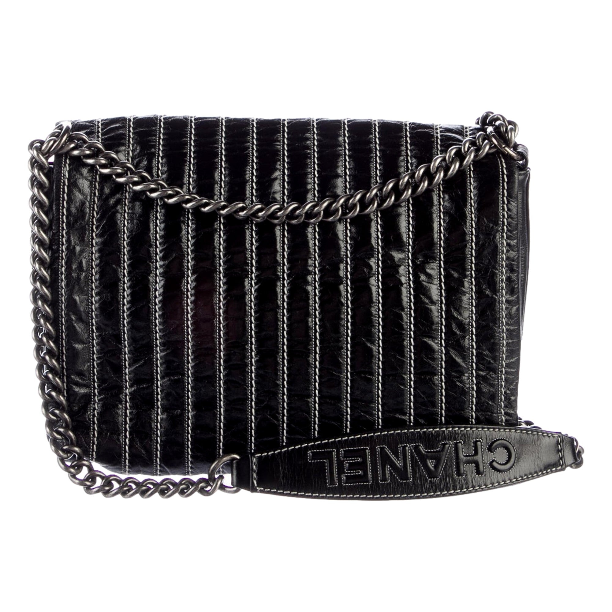 Chanel Black Vertical Stitch Flap Bag CC Logo Silver Chain Shoulder Bag