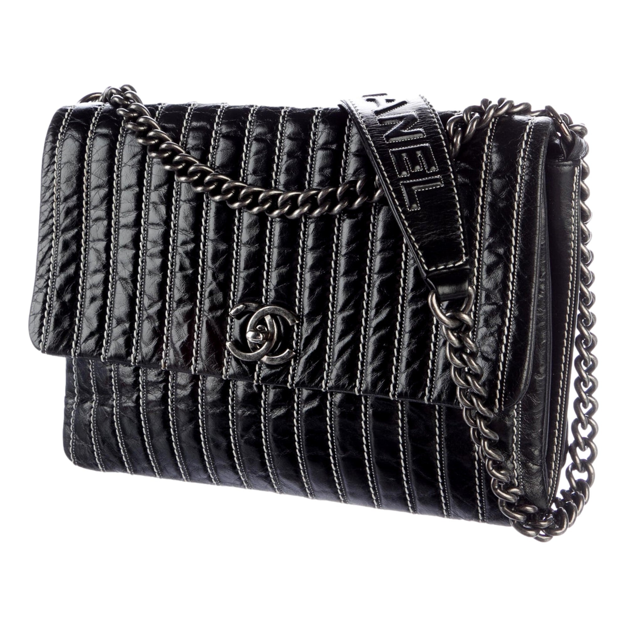 Chanel Black Vertical Stitch Flap Bag CC Logo Silver Chain Shoulder Bag