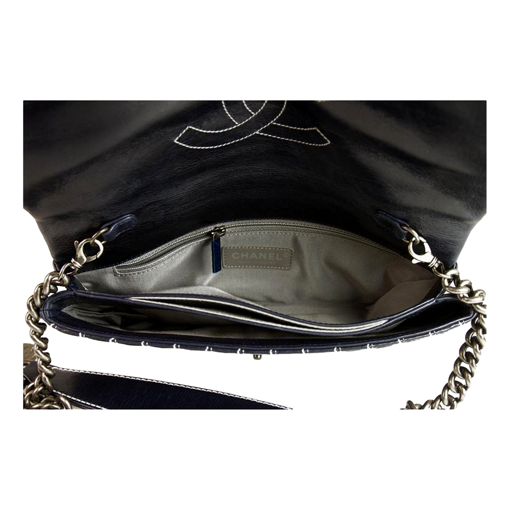 Chanel Black Vertical Stitch Flap Bag CC Logo Silver Chain Shoulder Bag