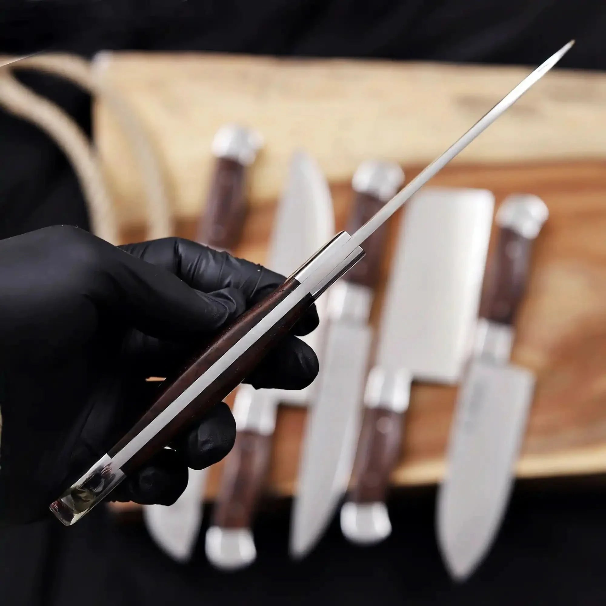 6-Piece High Carbon Steel Kitchen Knife Set with Leather Roll Olive Wood Handles, Steel Bolsters, 7 to 12 Inc
