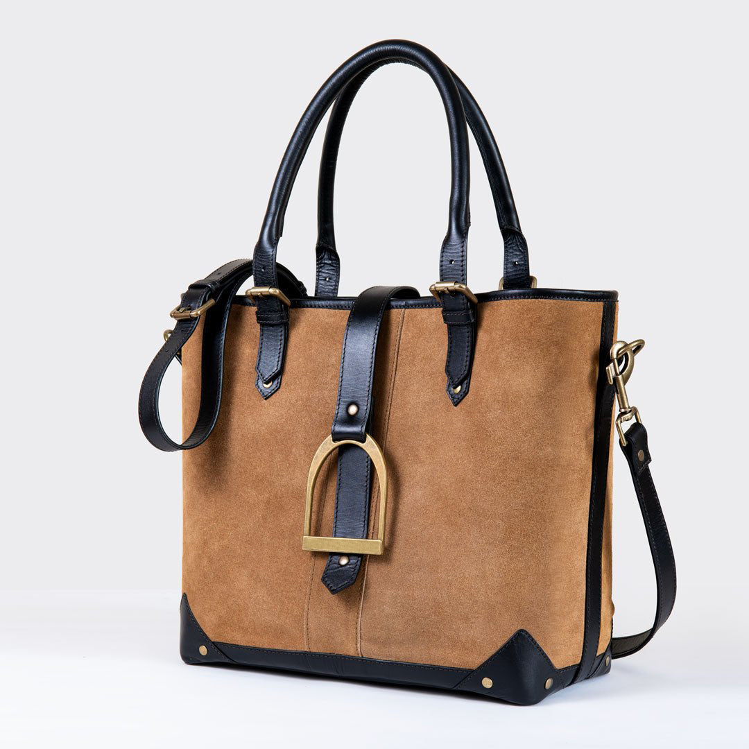 Signature - Riding Stirrup Tote Luxury Leather Handbag in Black on Chestnut