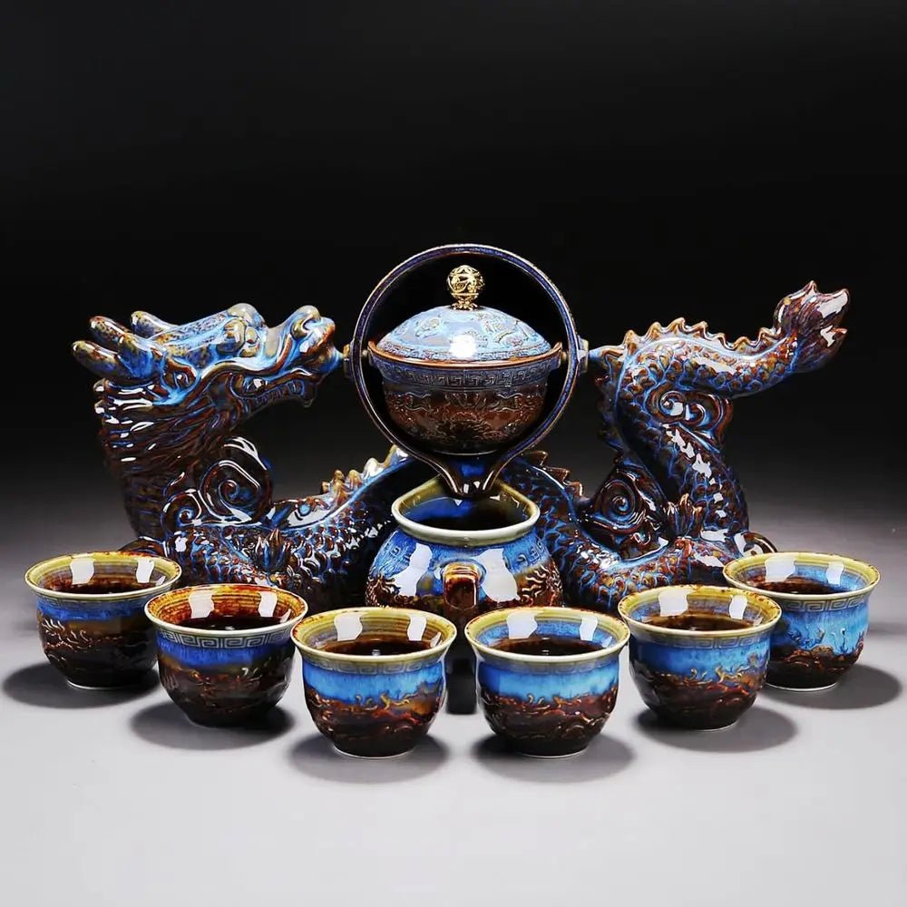 Chinese Gongfu Tea Set – 360° Rotating Teapot with Infuser & 6 Cups (Dragon Design) - Overture Gifts
