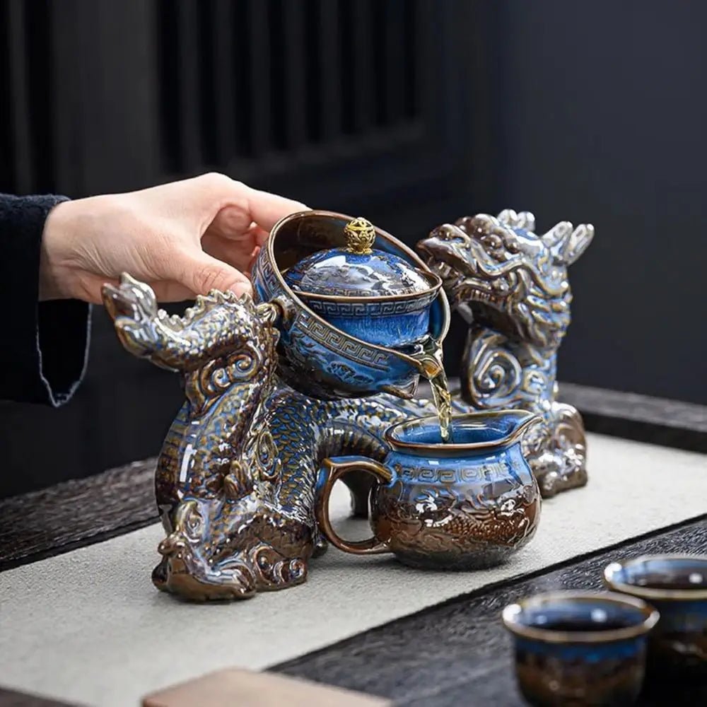 Chinese Gongfu Tea Set – 360° Rotating Teapot with Infuser & 6 Cups (Dragon Design) - Overture Gifts