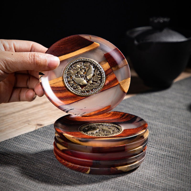 Chinese Tea Ceremony Coaster Set, 6-Piece Resin & Wood - Overture Gifts