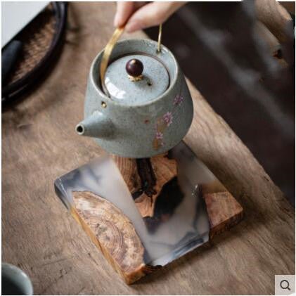Chinese Tea Ceremony Coaster Set, 6-Piece Resin & Wood - Overture Gifts