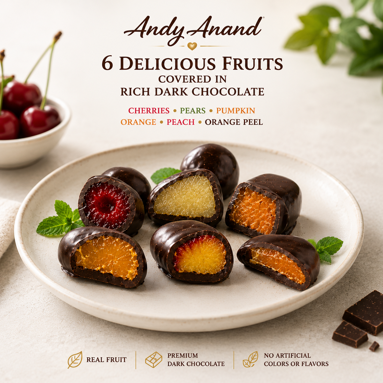 ANDY ANAND Chocolate Covered Fruits Collection Gift Box, 20 Pieces – Cherry, Pear, Pumpkin, Orange, Peach & Orange Peel Covered in Premium Dark Chocolate, Gourmet Fruit Assortment, California Made, Gift Ready