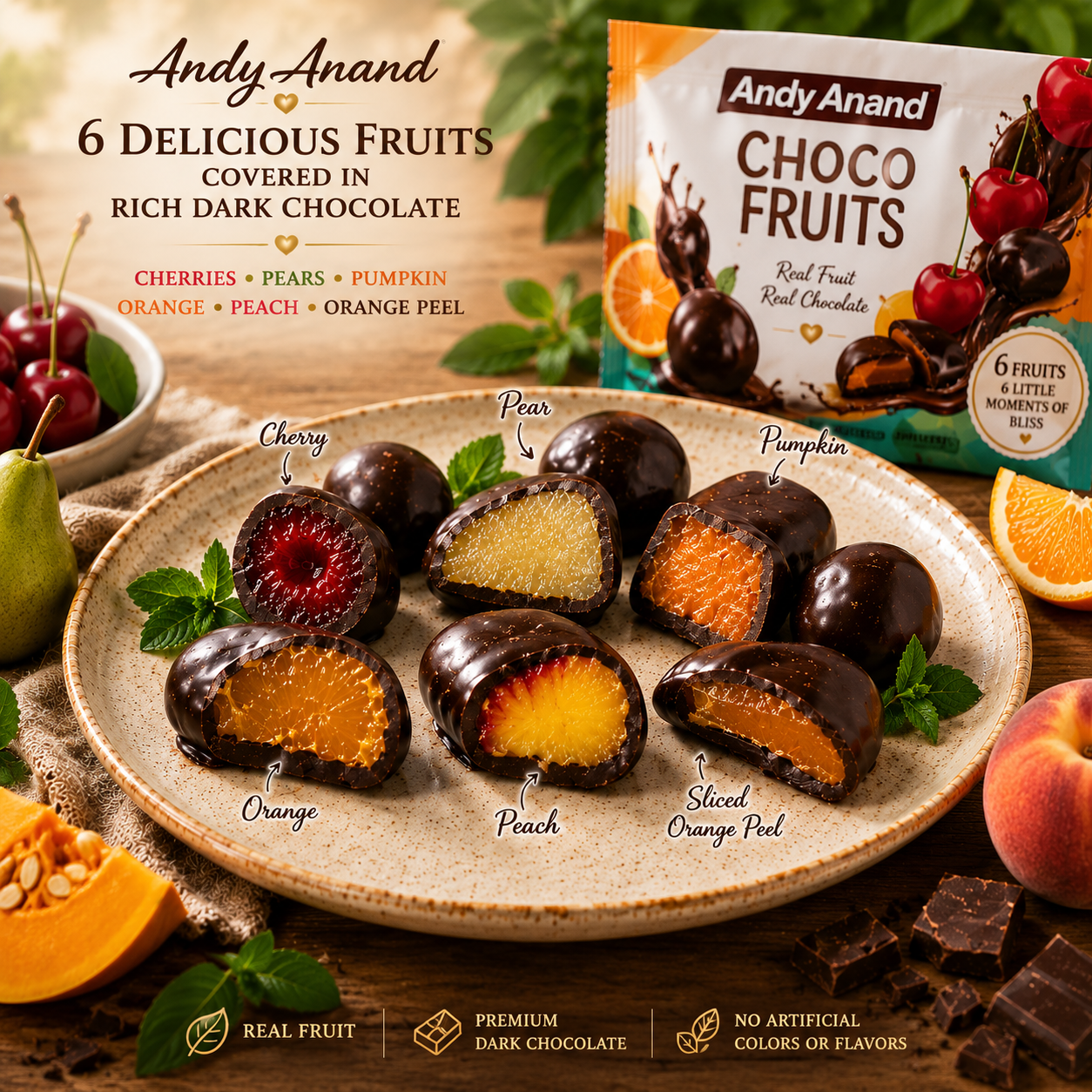 ANDY ANAND Chocolate Covered Fruits Collection Gift Box, 20 Pieces – Cherry, Pear, Pumpkin, Orange, Peach & Orange Peel Covered in Premium Dark Chocolate, Gourmet Fruit Assortment, California Made, Gift Ready