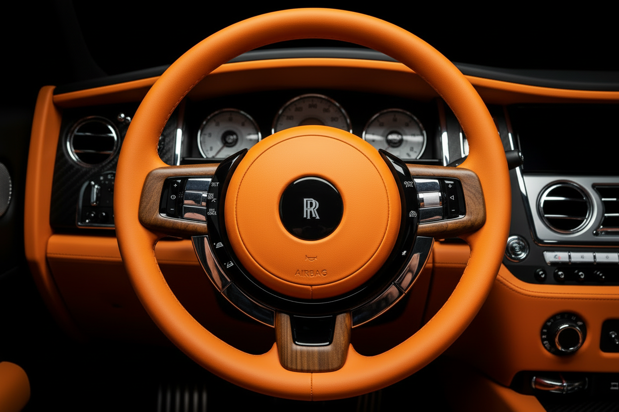 Close-up of Rolls-Royce Steering Wheel with Orange Center