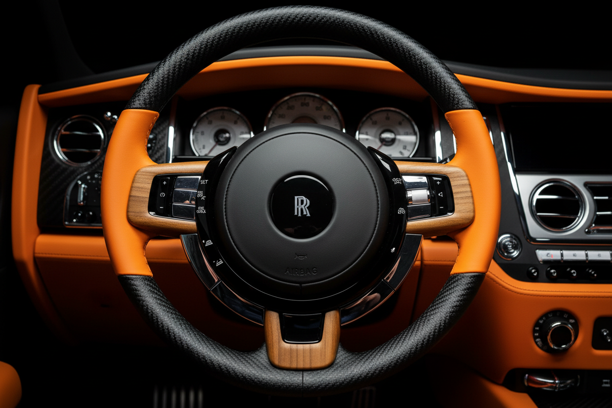 Close-up of Rolls-Royce Steering Wheel