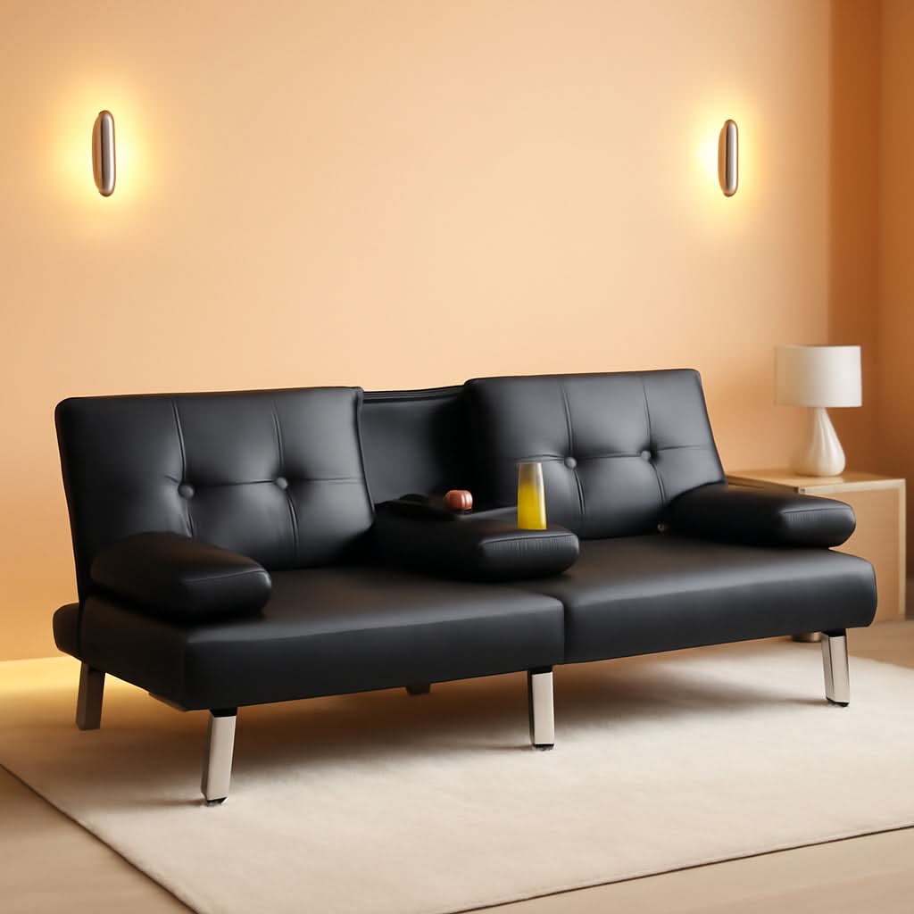 Convertible Sofa Bed Black Faux Leather With Cup Holders - Overture Gifts