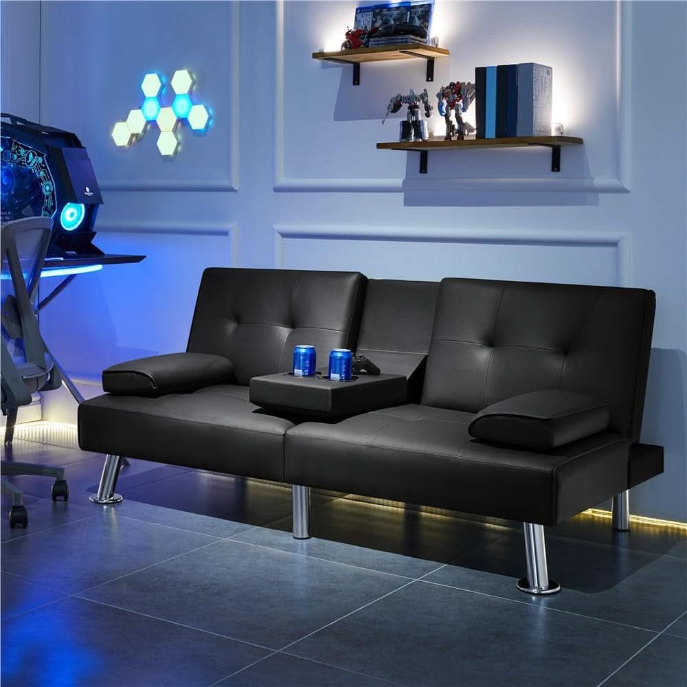 Convertible Sofa Bed Black Faux Leather With Cup Holders - Overture Gifts