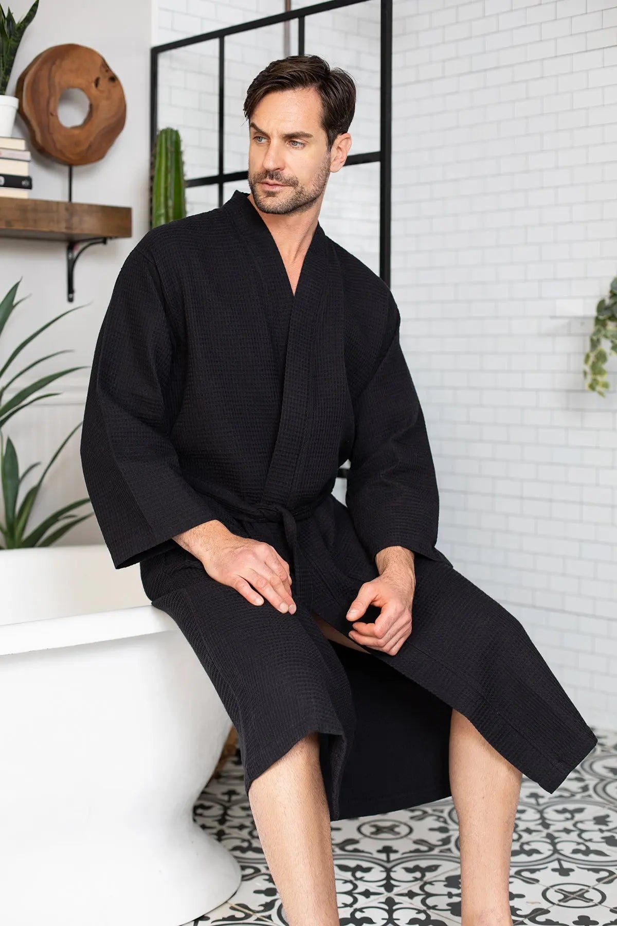 Waffle Spa Bathrobe for Men - Absorbent, Lightweight