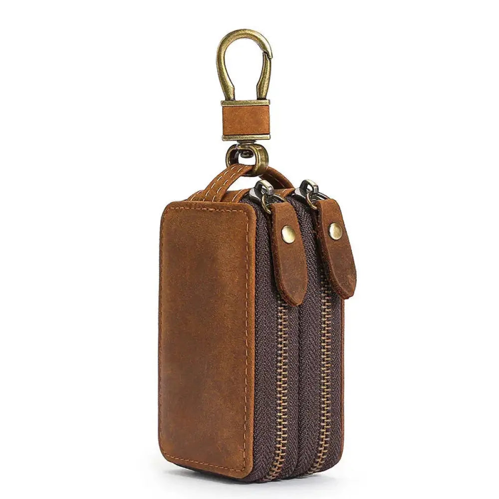 Premium Crazy Horse Leather Zip Key Case with Brass Clasp