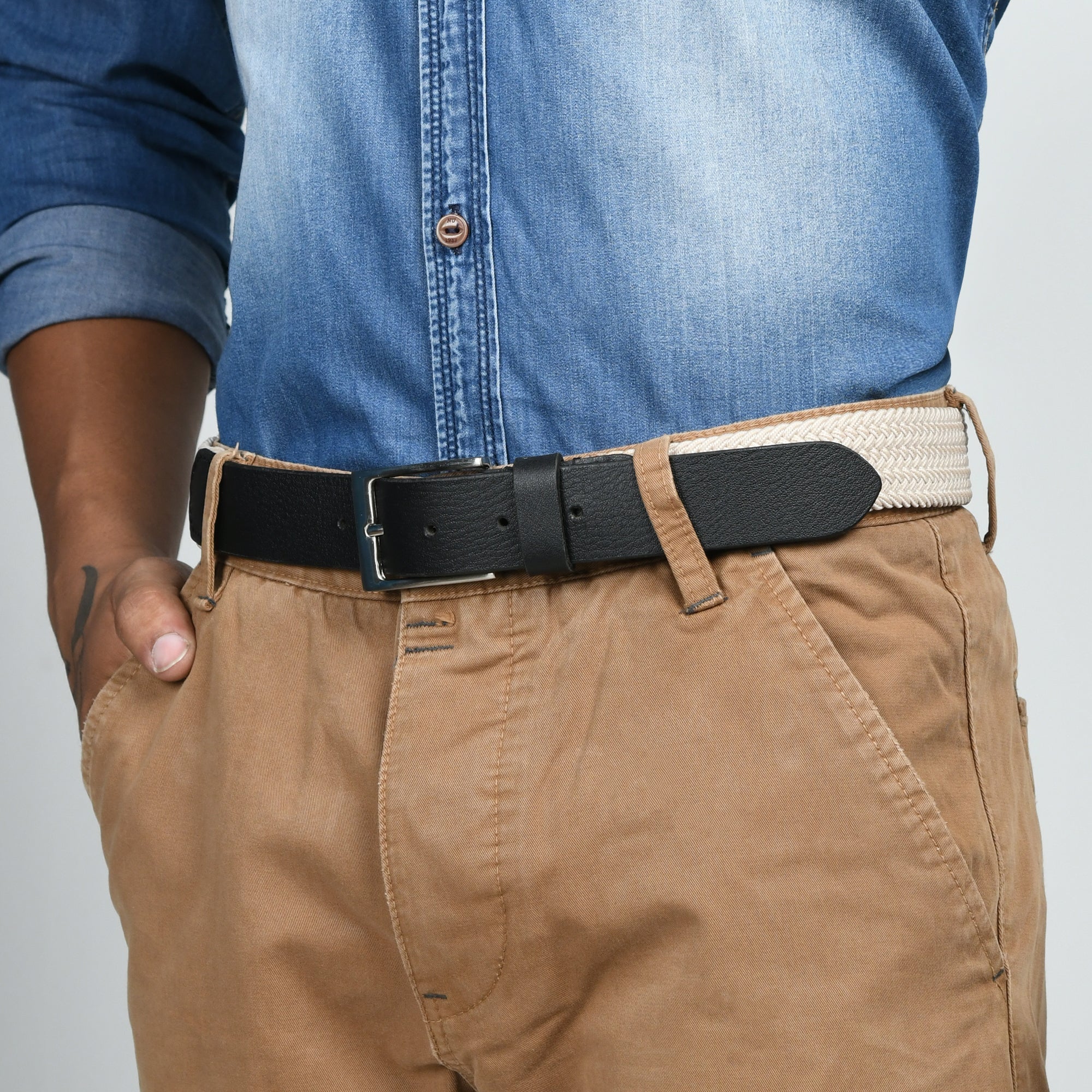 Cream & Black Braided Canvas Leather Belt - Overture Gifts