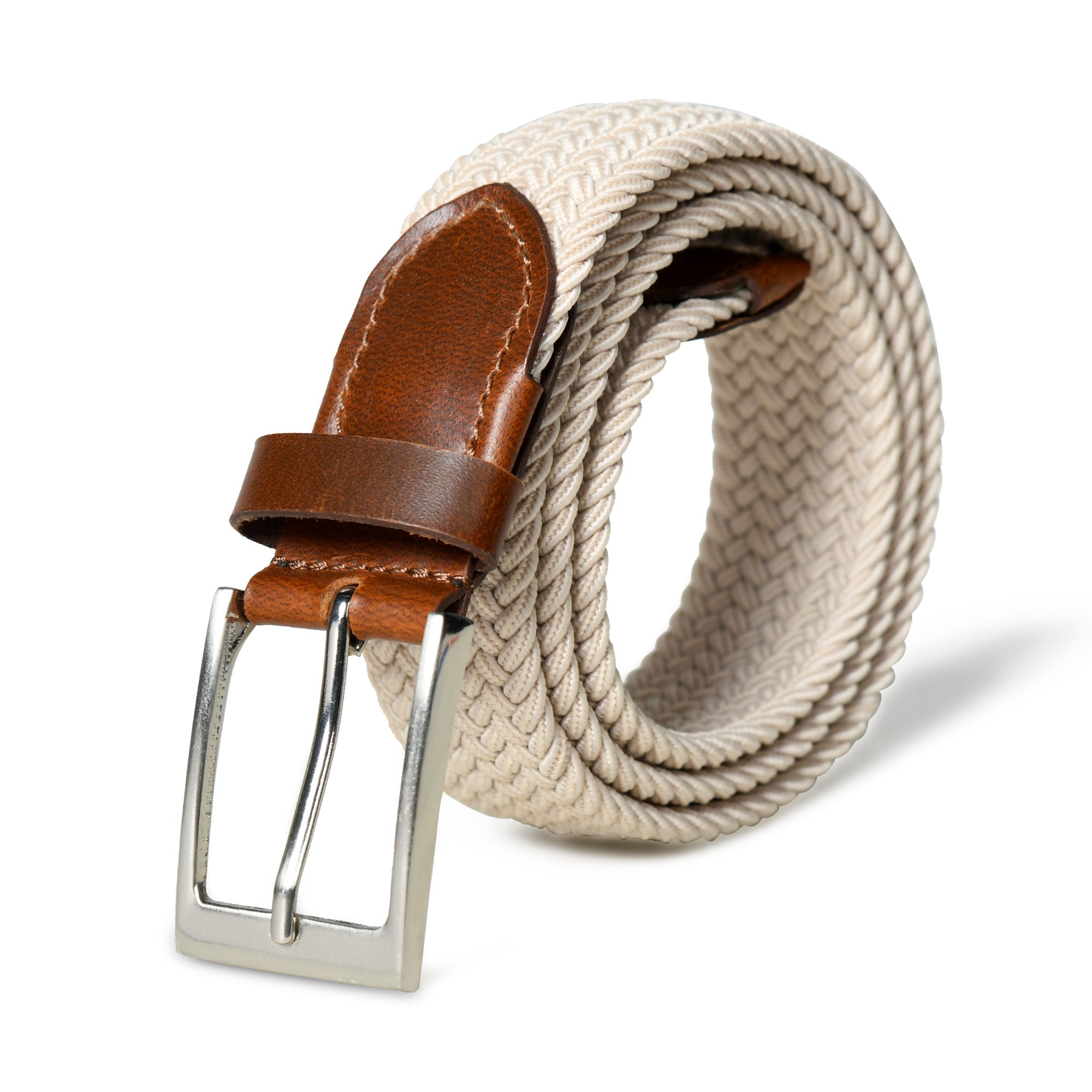 Cream & Brown Braided Canvas Leather Belt - Overture Gifts