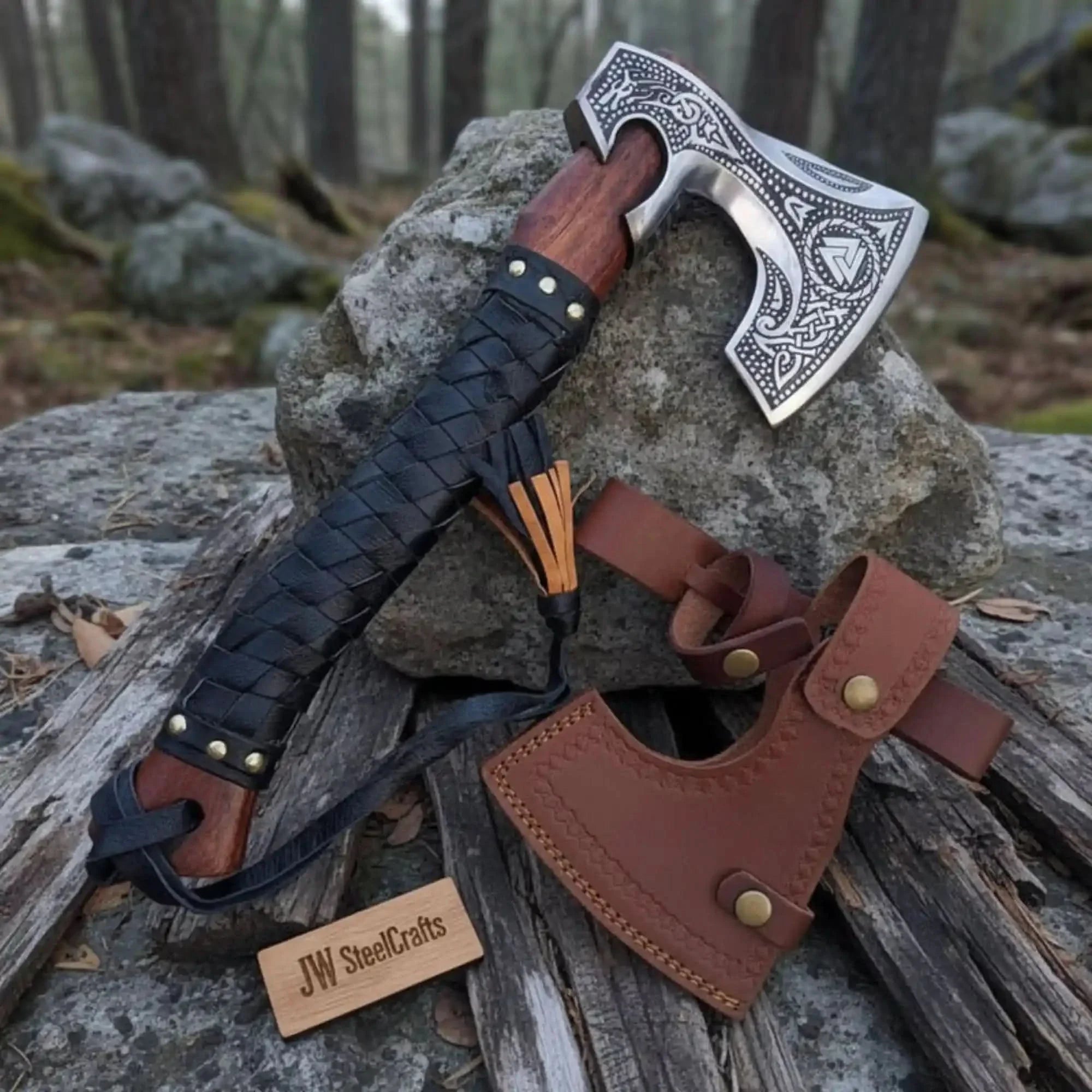 Engraved Floki Axe with Woven Leather Wrap