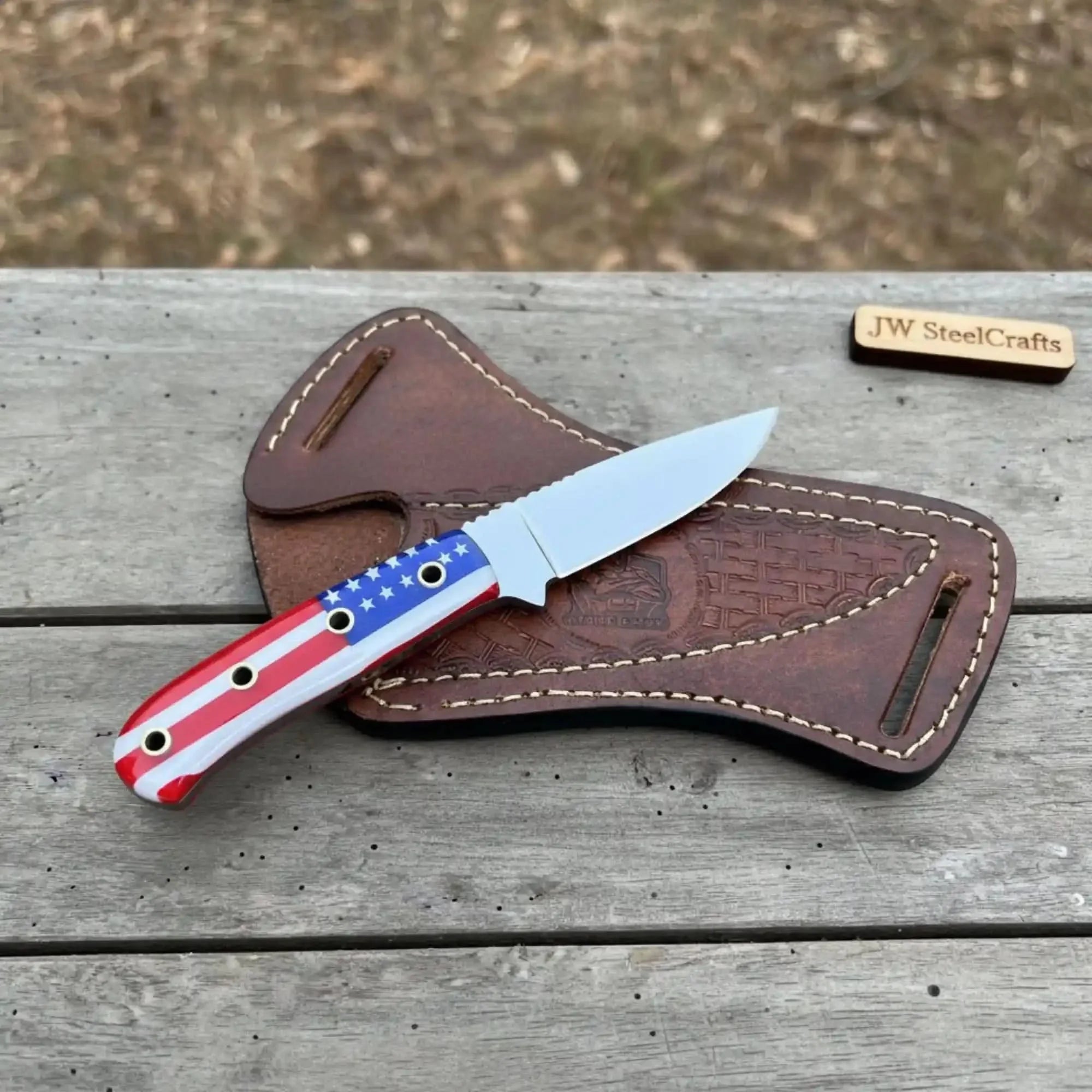 Custom Fixed Blade Knife – Drop Point Outdoor EDC with USA Flag Handle and Leather Sheath